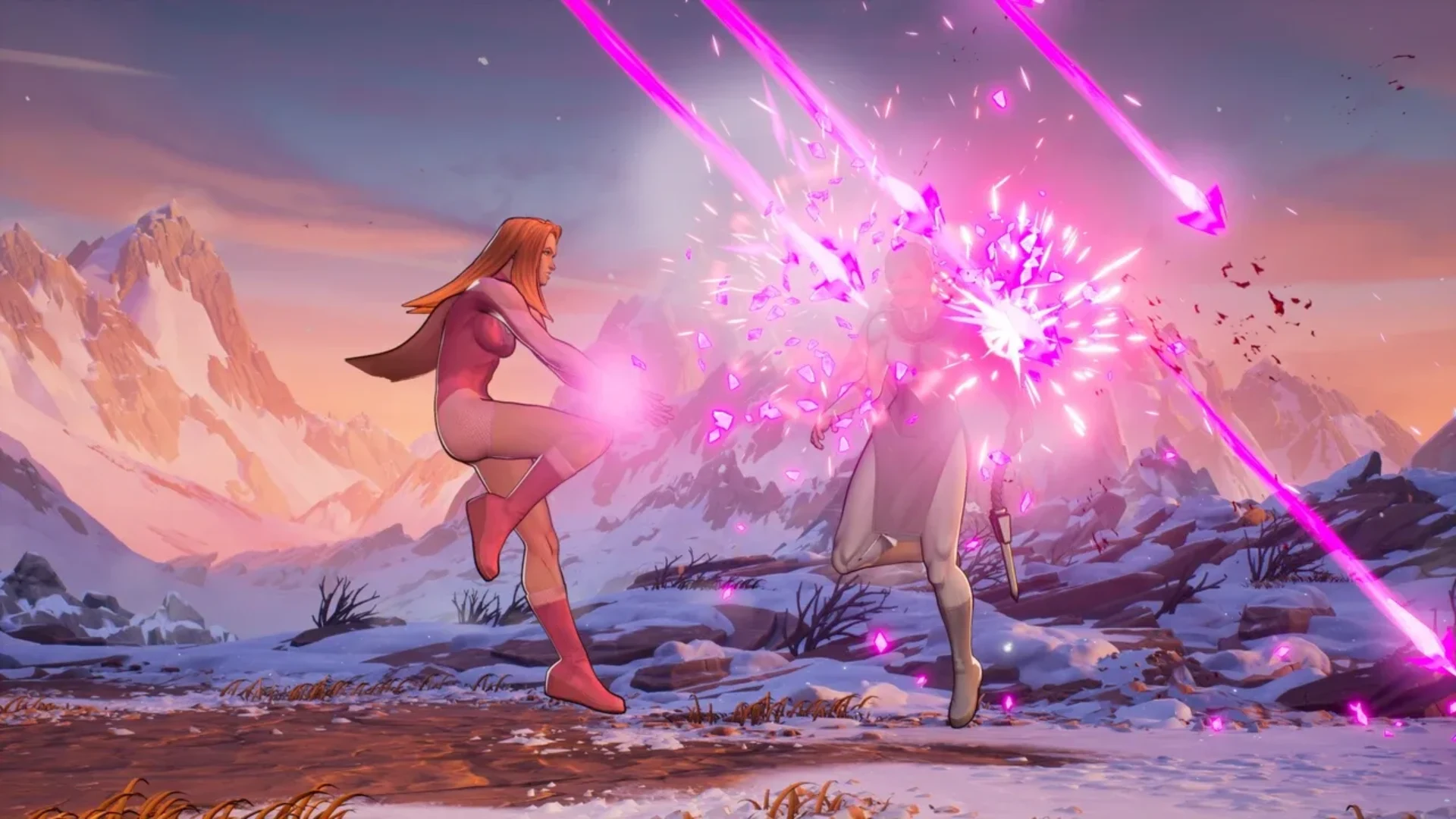 Two fighters battle with bright pink energy attacks in a snowy mountain arena in Invincible VS.