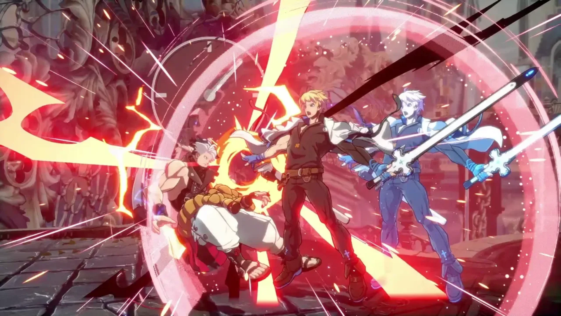 Three fighters clash amid bright red energy effects during a battle in Guilty Gear Strive.
