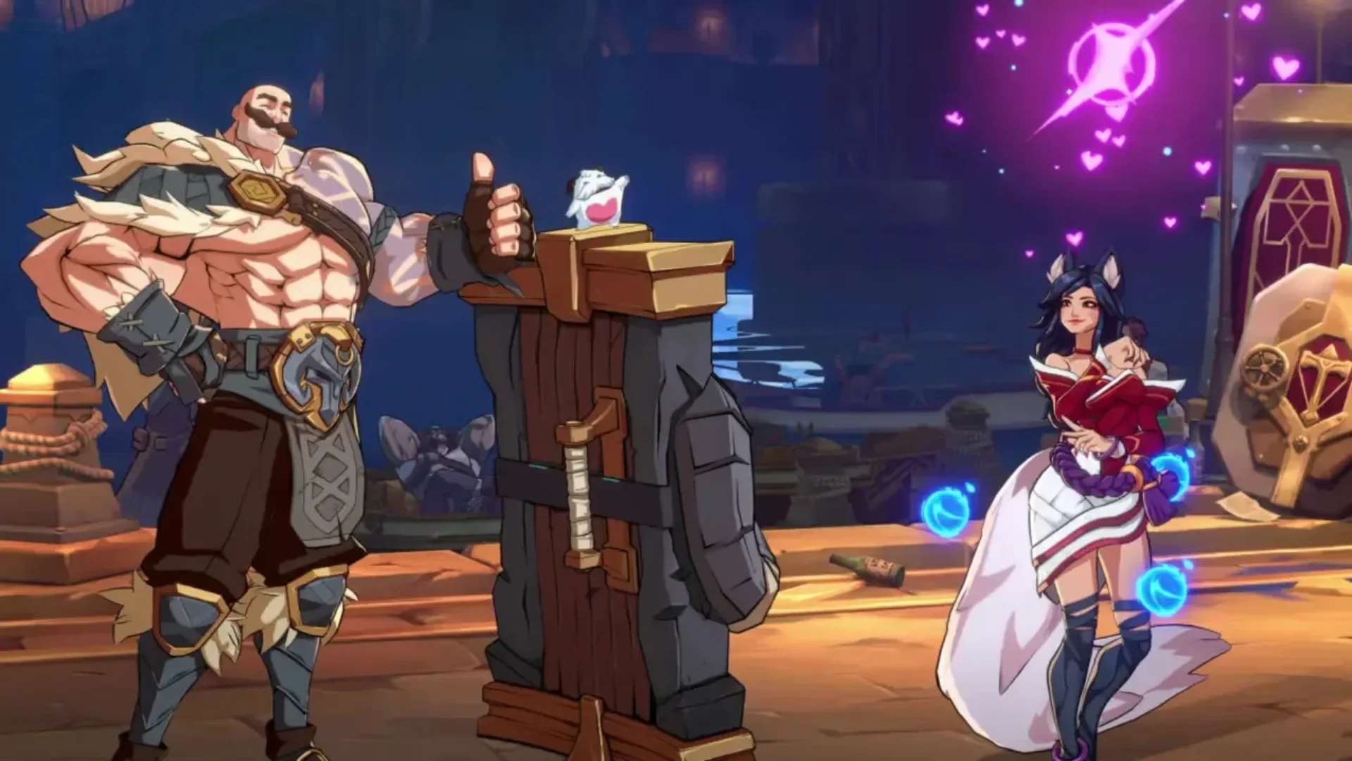 2XKO gameplay shows Braum and Ahri in a stylized arena, with magical effects surrounding Ahri and Braum beside his shield.