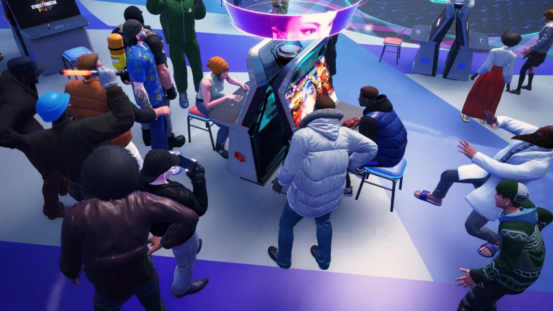 Players gather around arcade cabinets and watch matches inside the Street Fighter 6 Battle Hub.