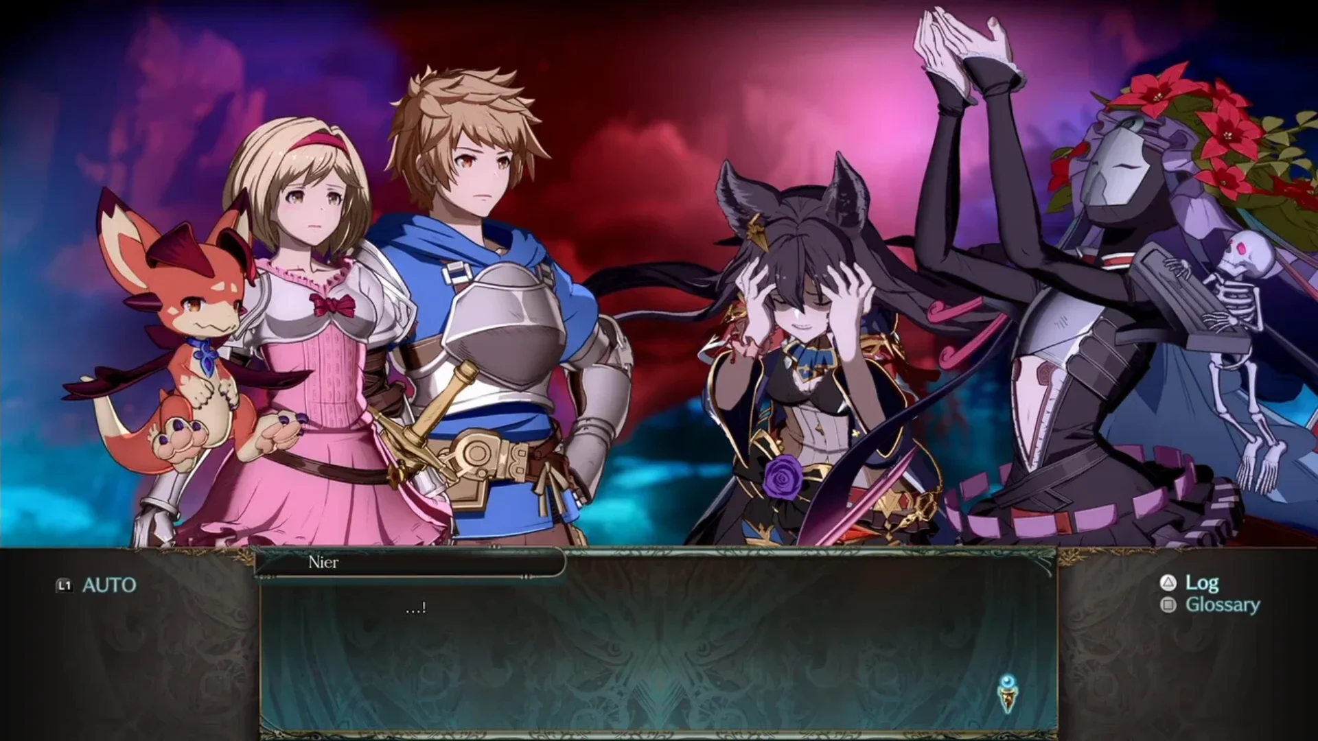 Several Granblue Fantasy Versus: Rising characters appear together during a story dialogue scene featuring Nier.
