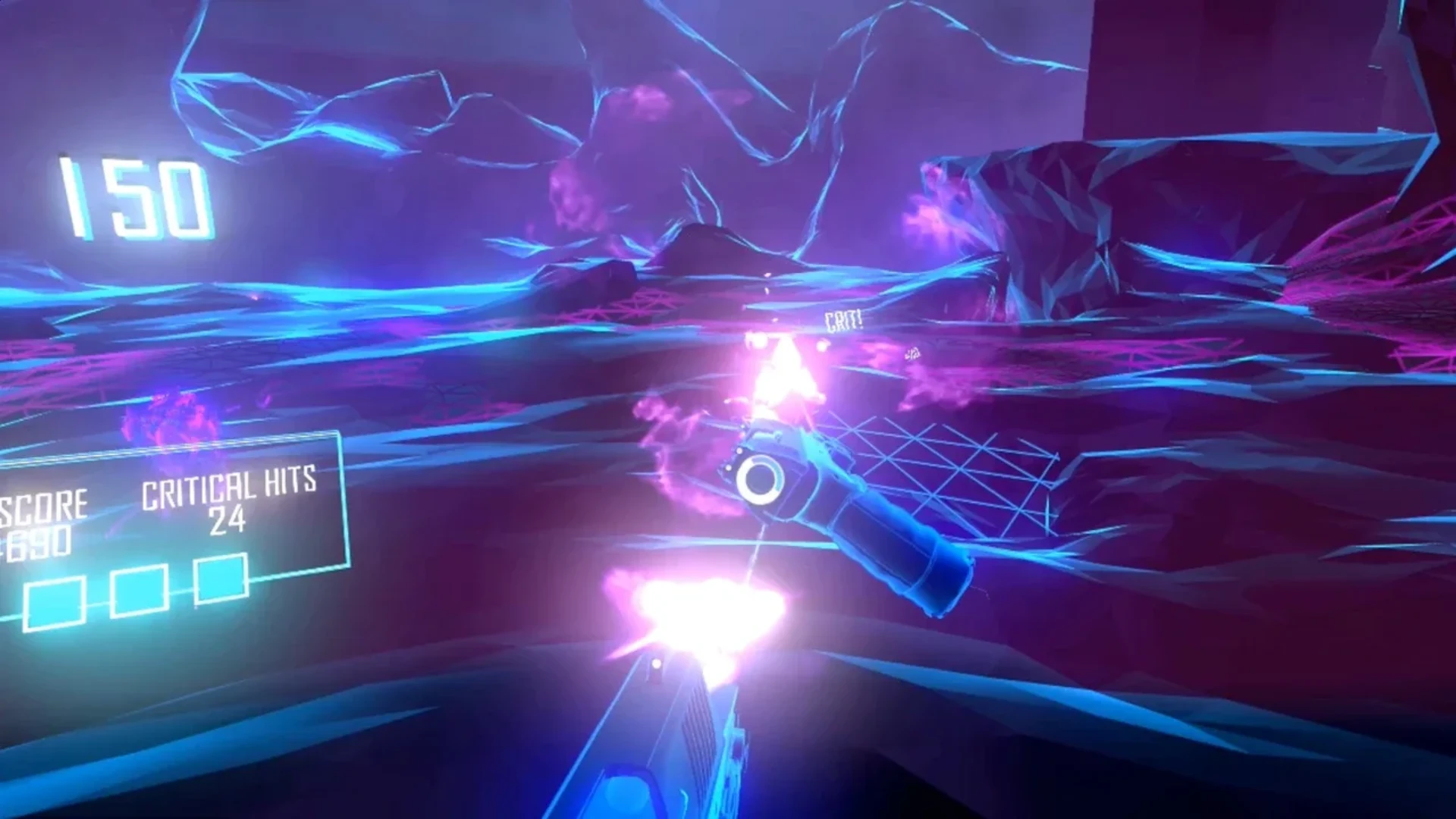 Deadlock gameplay showing dual pistols firing at highlighted targets in a neon training environment.