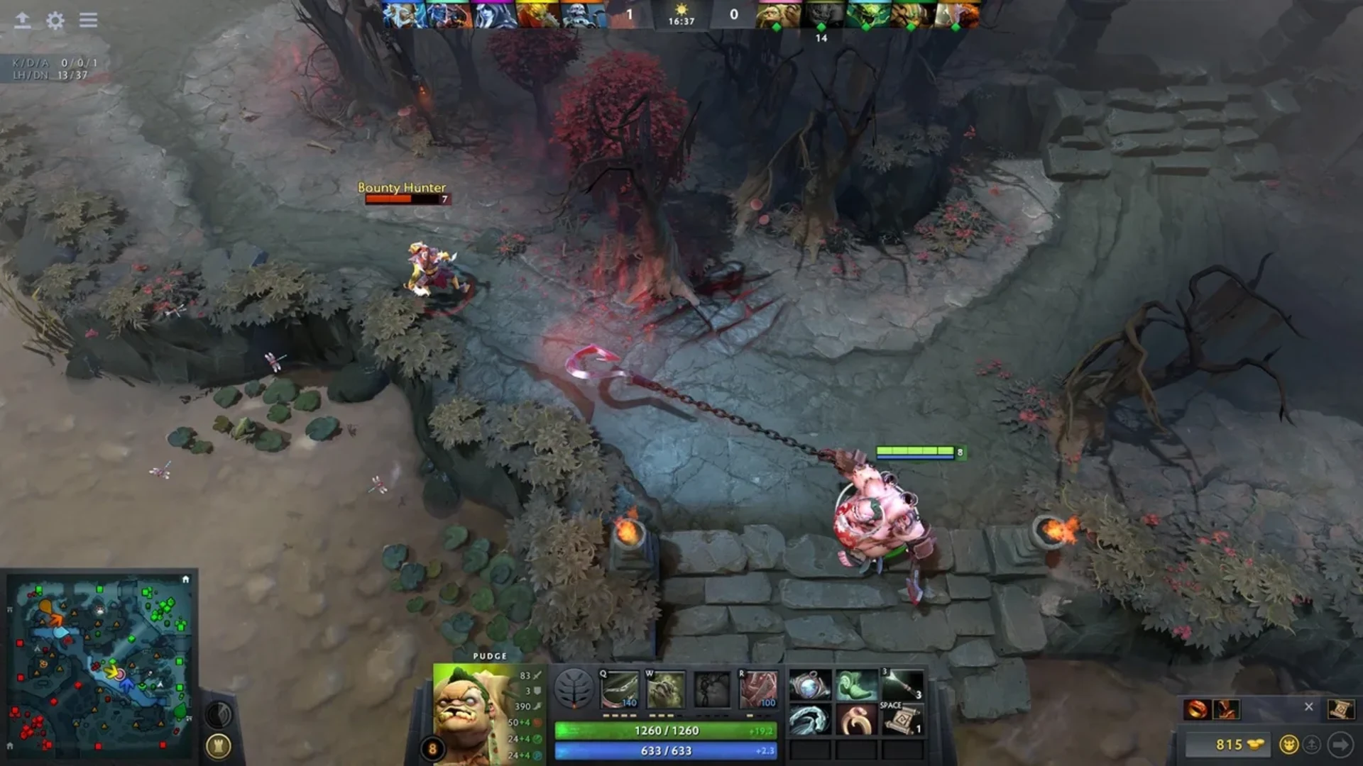 Pudge uses Meat Hook against Bounty Hunter during a Dota 2 match.