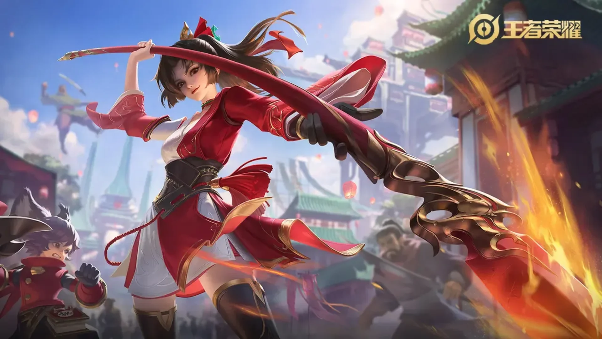 Two Honor of Kings heroes in red armor pose in front of lanterns and traditional architecture.