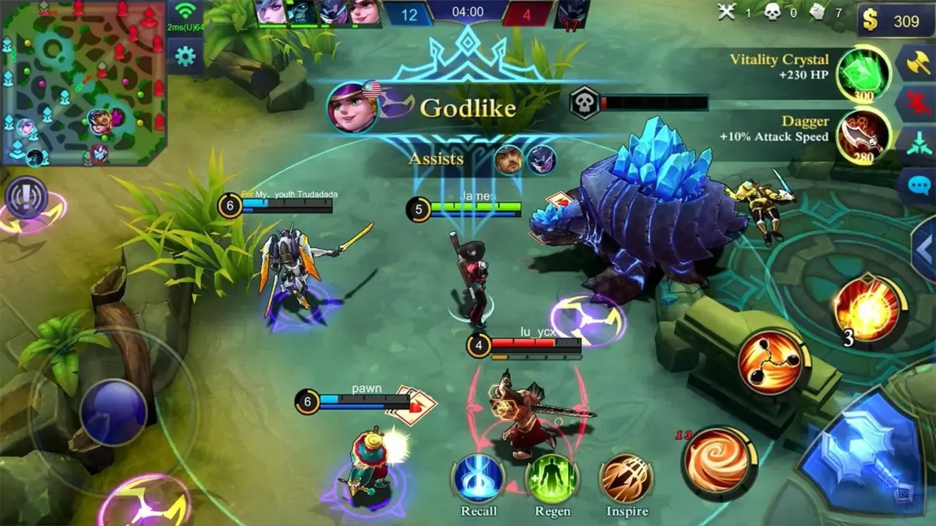 Mobile Legends Bang Bang heroes fight near a jungle objective with the mobile interface visible.