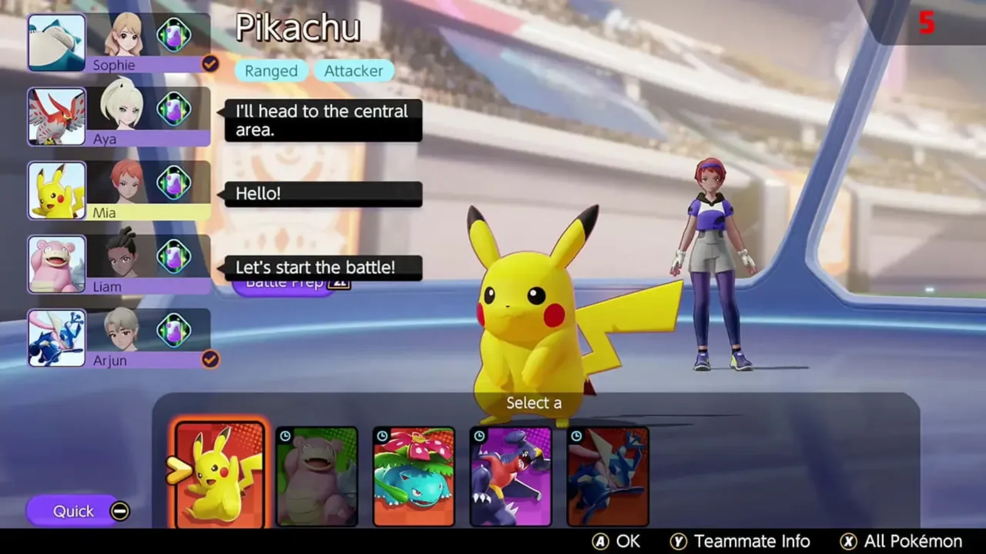 Pikachu appears on the Pokémon Unite character selection screen with teammates listed beside it.