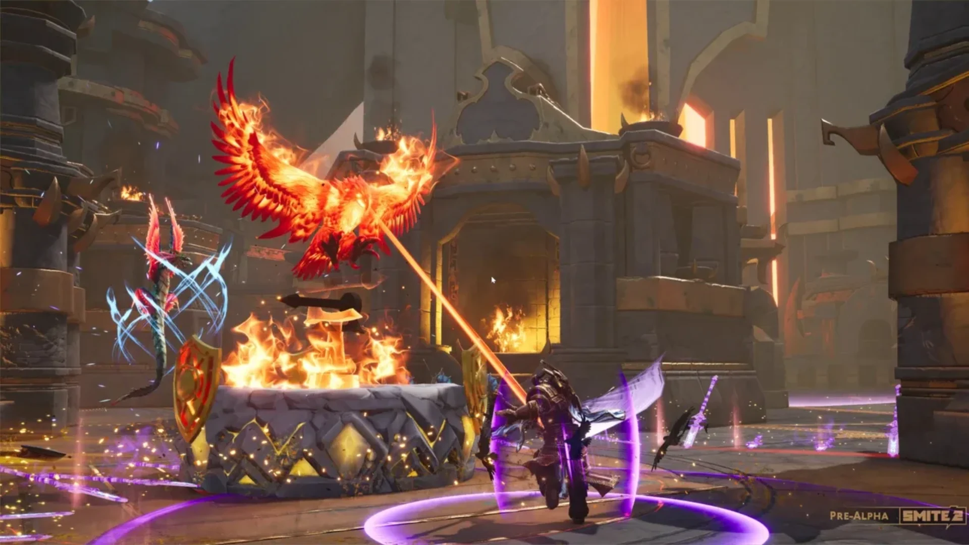 Smite 2 gameplay showing a player approaching a fiery phoenix objective during a battle.