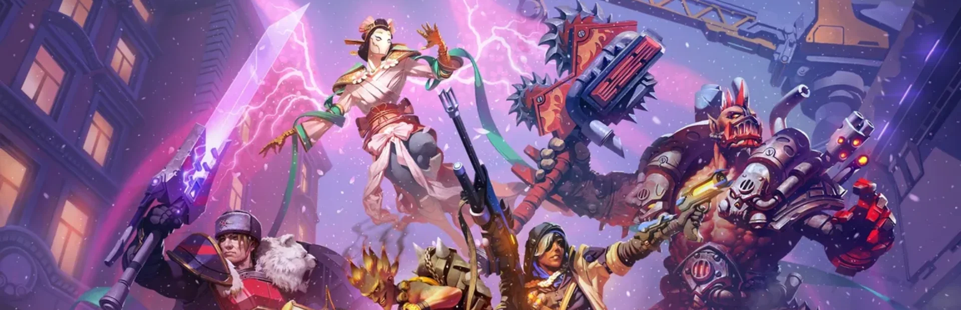 Heroes of the Storm characters battle in colorful promotional artwork with futuristic weapons and abilities.