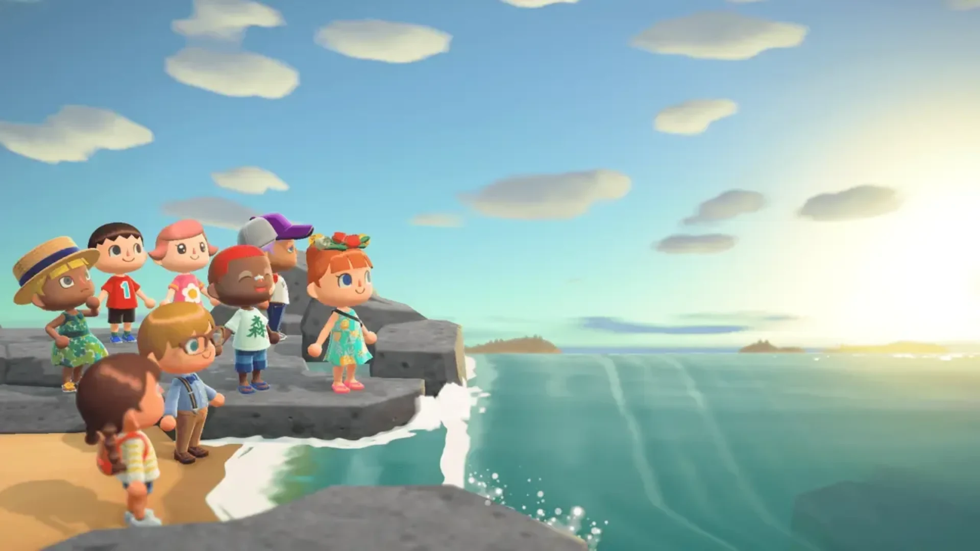 Eight player characters gather on a rocky shoreline overlooking the ocean in Animal Crossing: New Horizons.