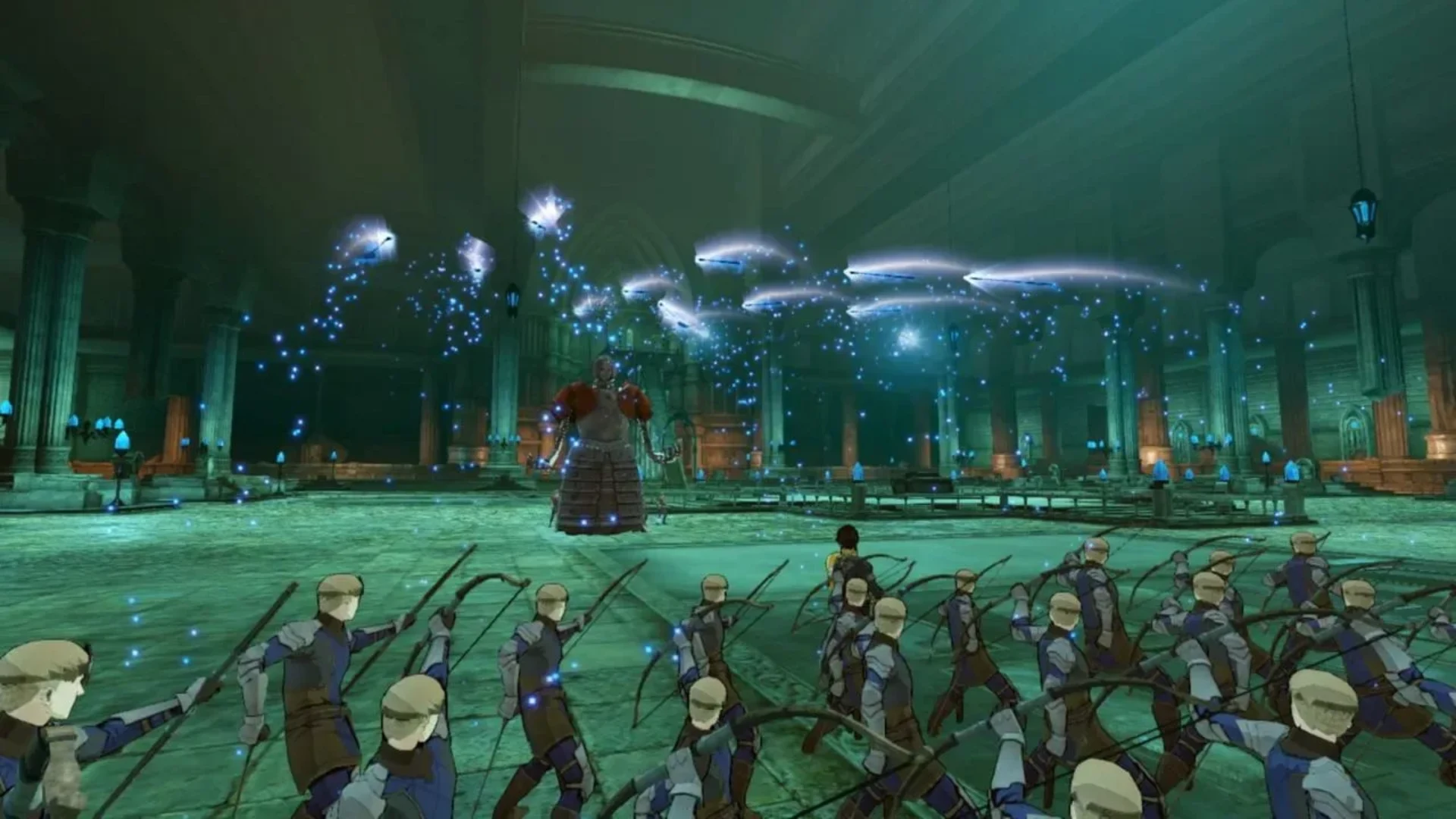 Archers face a large armored enemy beneath glowing magical effects in a grand hall in Fire Emblem: Three Houses