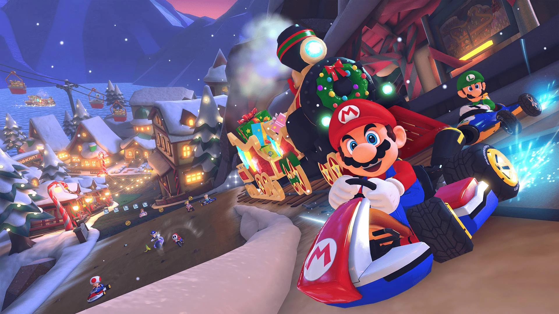 Mario races down a snowy mountain track while Luigi follows near a festive train in Mario Kart 8 Deluxe.