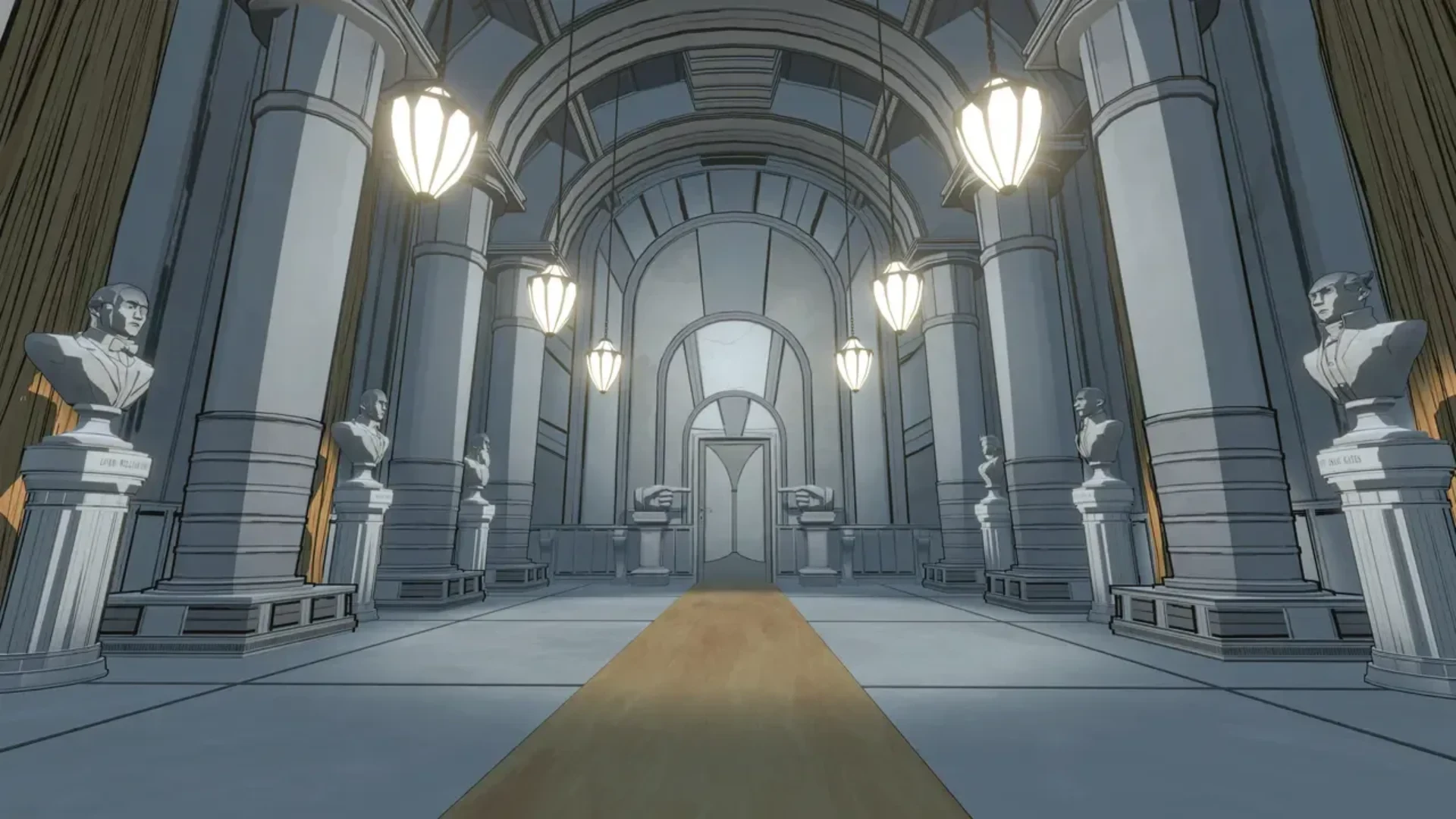 An elegant arched hallway lined with statues and hanging lights in Blue Prince.