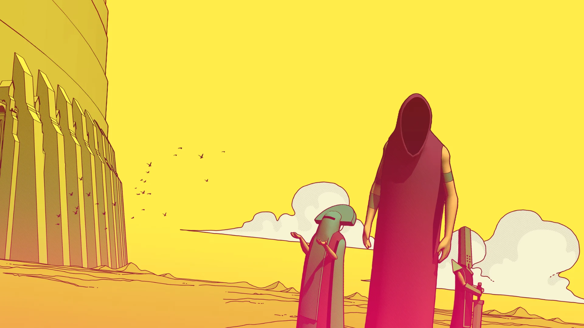 A towering structure overlooks the desert in a stylized scene from Chants of Sennaar.