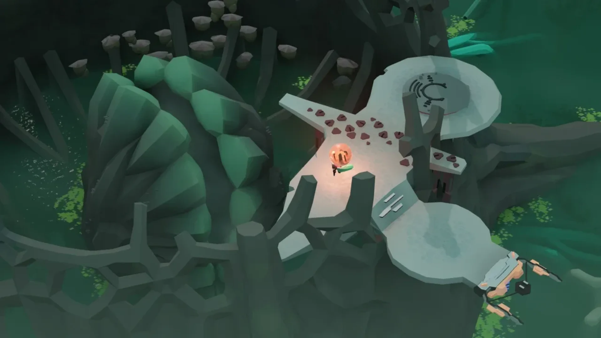 The insect-like protagonist carries a glowing world orb across an alien structure in Cocoon.