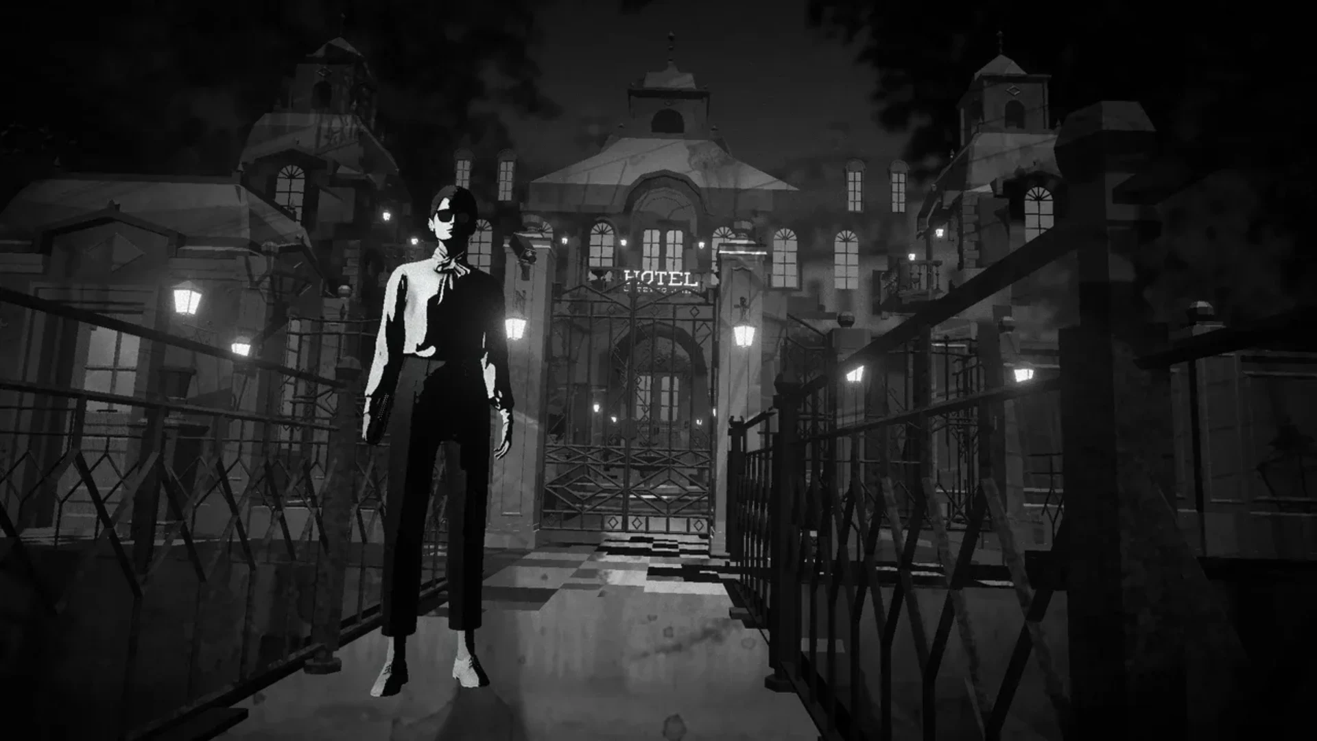 A lone woman stands outside a dark hotel entrance in Lorelei and the Laser Eyes.