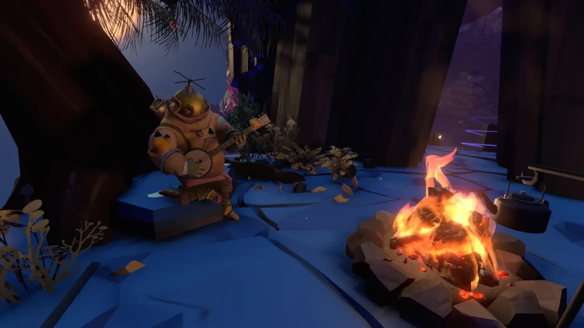 An Outer Wilds traveler plays an instrument beside a glowing campfire on an alien world.