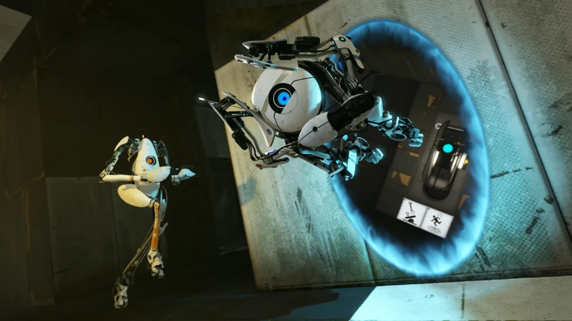 Atlas and P-body move through a blue portal during a cooperative puzzle in Portal 2.
