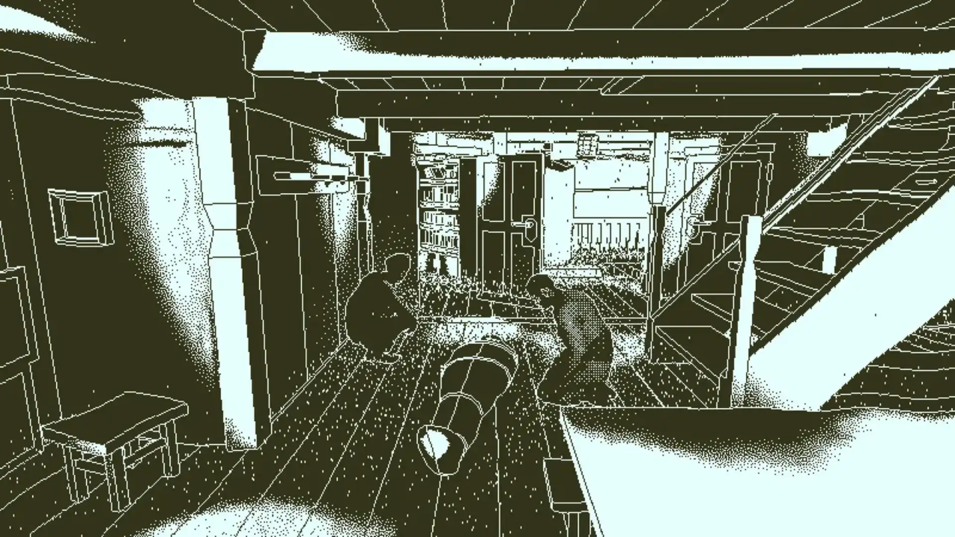 A first-person investigation scene appears in the monochrome style of Return of the Obra Dinn.