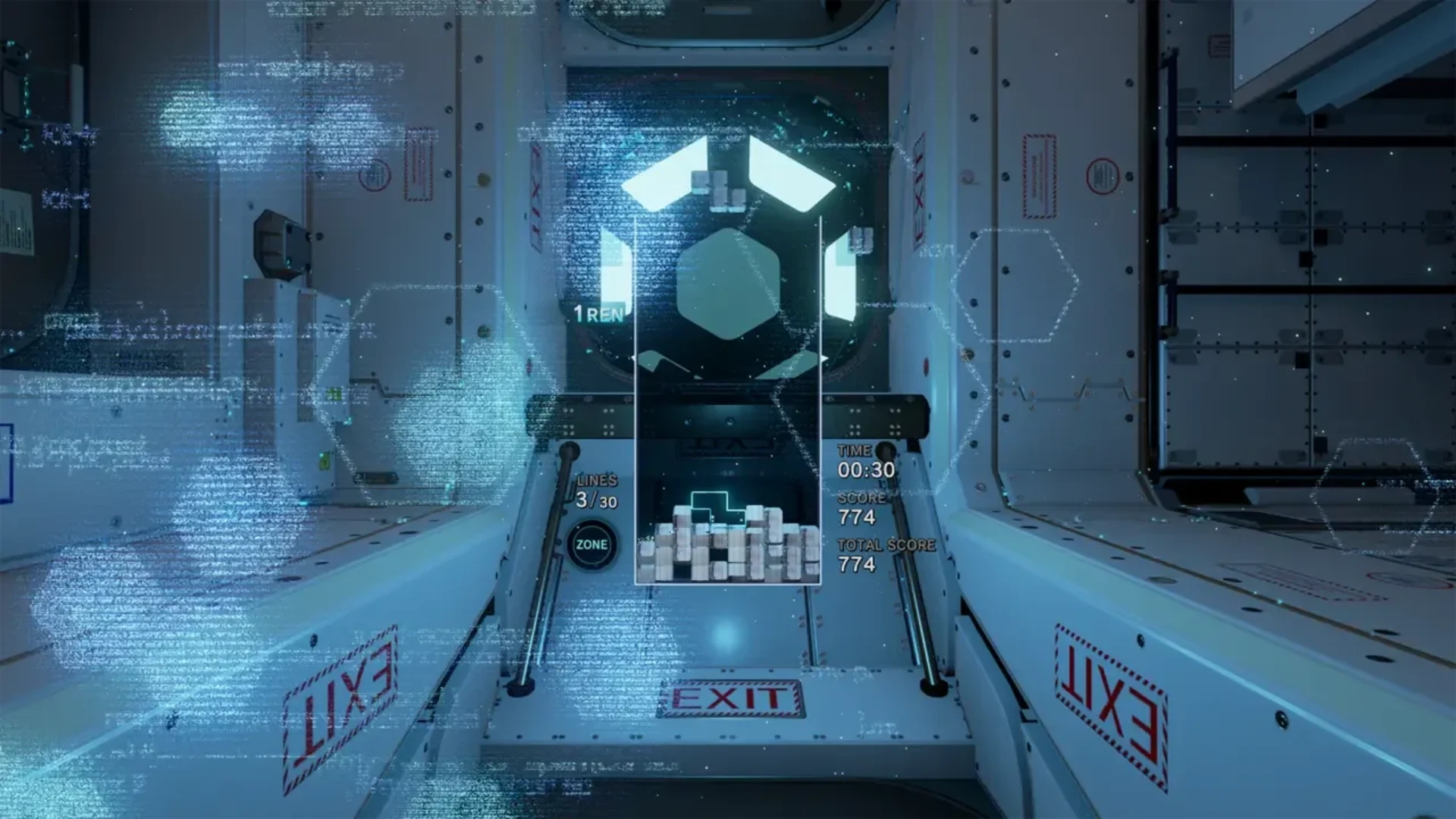 Tetris blocks appear on a holographic playfield during a Zone sequence in Tetris Effect: Connected.