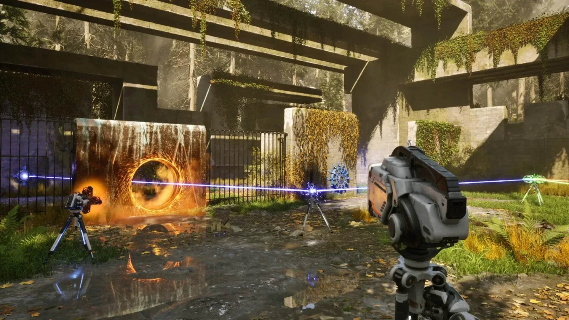 A first-person laser puzzle with connectors and barriers in The Talos Principle 2