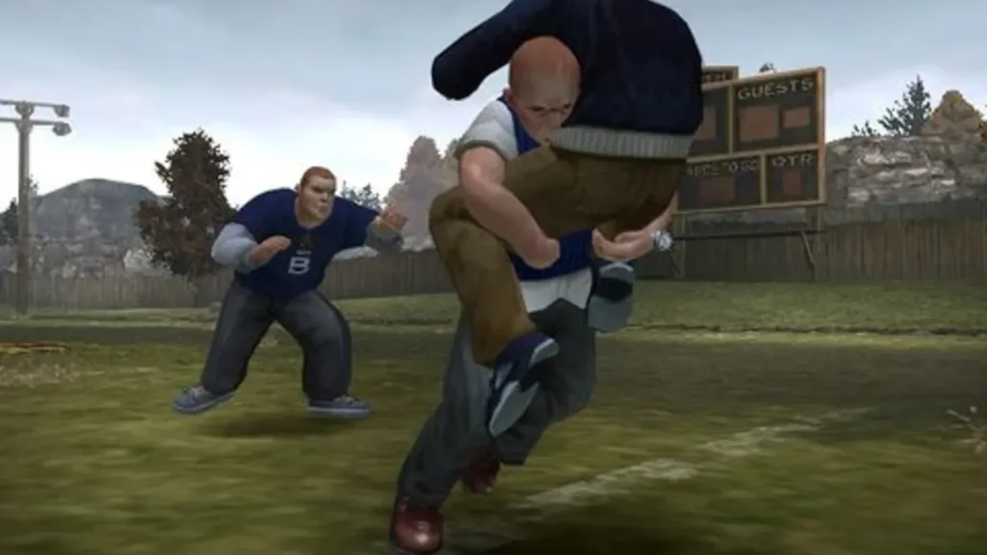 Jimmy Hopkins watches two students fight on the Bullworth Academy football field in Bully