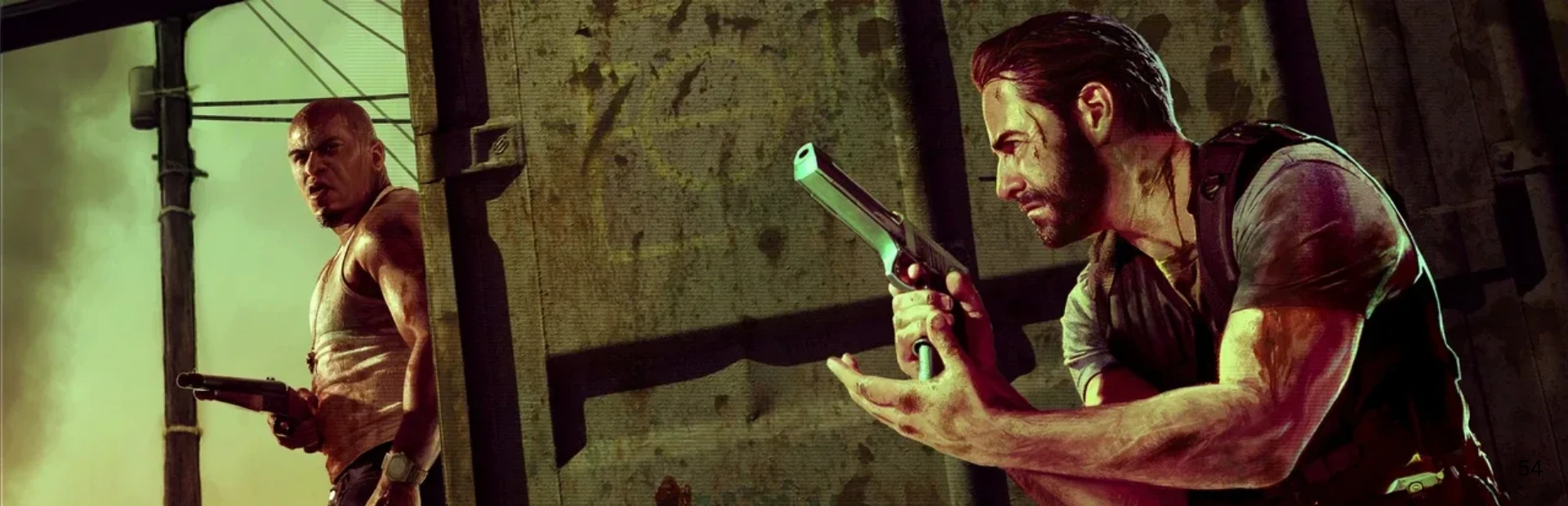 Max Payne and Raul Passos hold guns in Max Payne 3 artwork