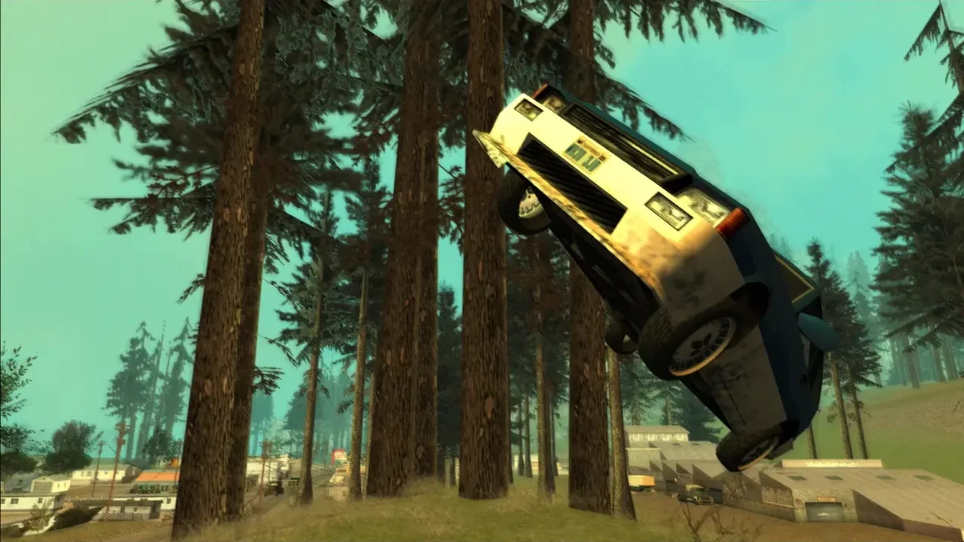 A car launches through the air between trees in Grand Theft Auto: San Andreas