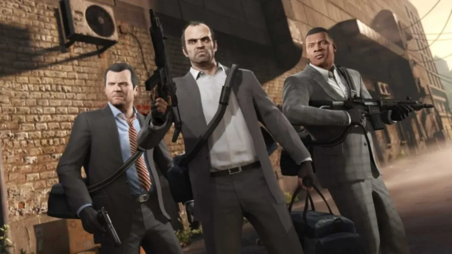 Michael, Trevor and Franklin carrying weapons during a heist in Grand Theft Auto V