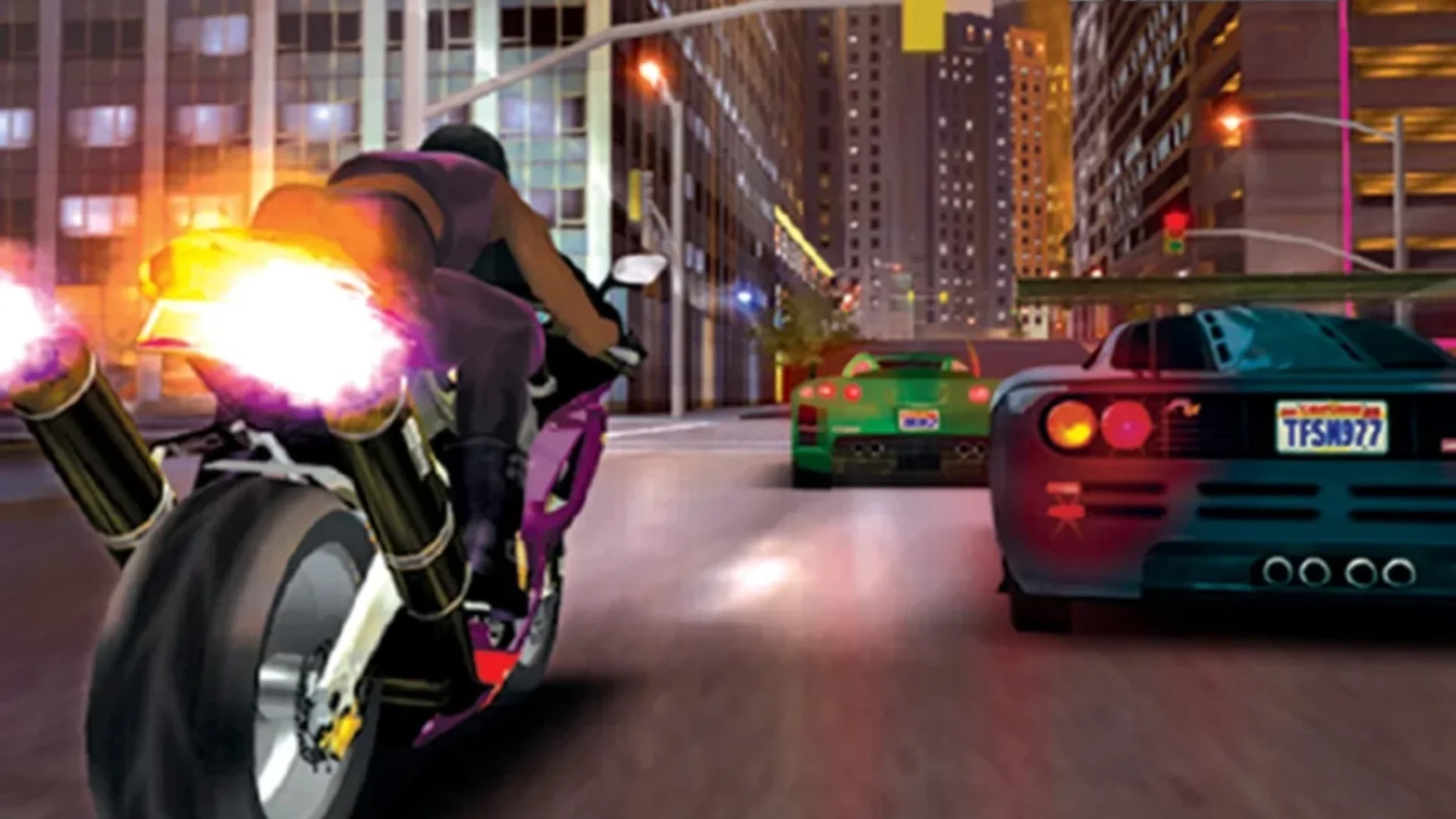 Motorcycle races sports cars through a city in Midnight Club 3: DUB Edition Remix