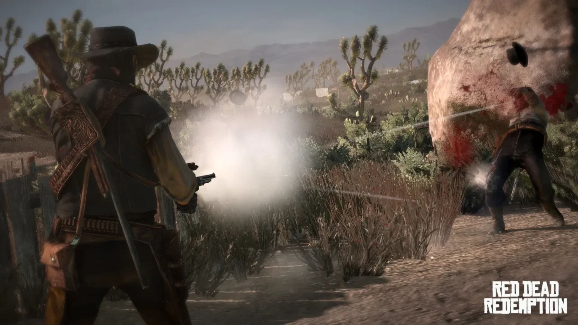 John Marston fires a revolver at an enemy during a gunfight in Red Dead Redemption