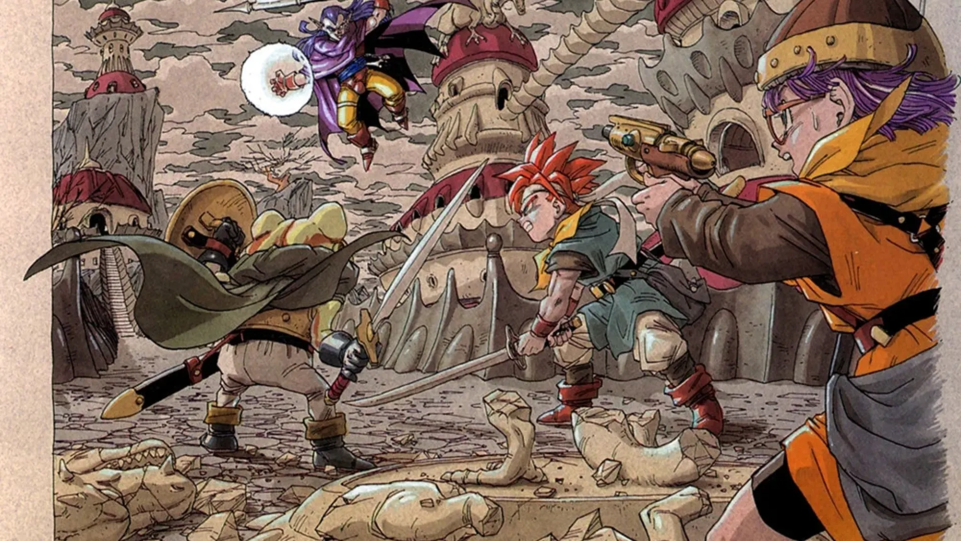 Chrono and his allies fighting enemies in classic Chrono Trigger artwork