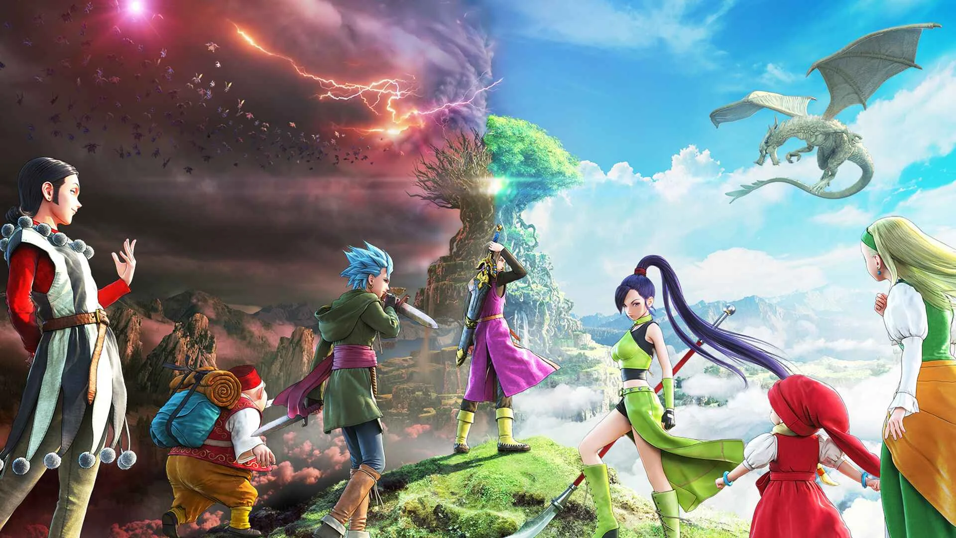 Dragon Quest XI S party members overlooking the divided world of Erdrea