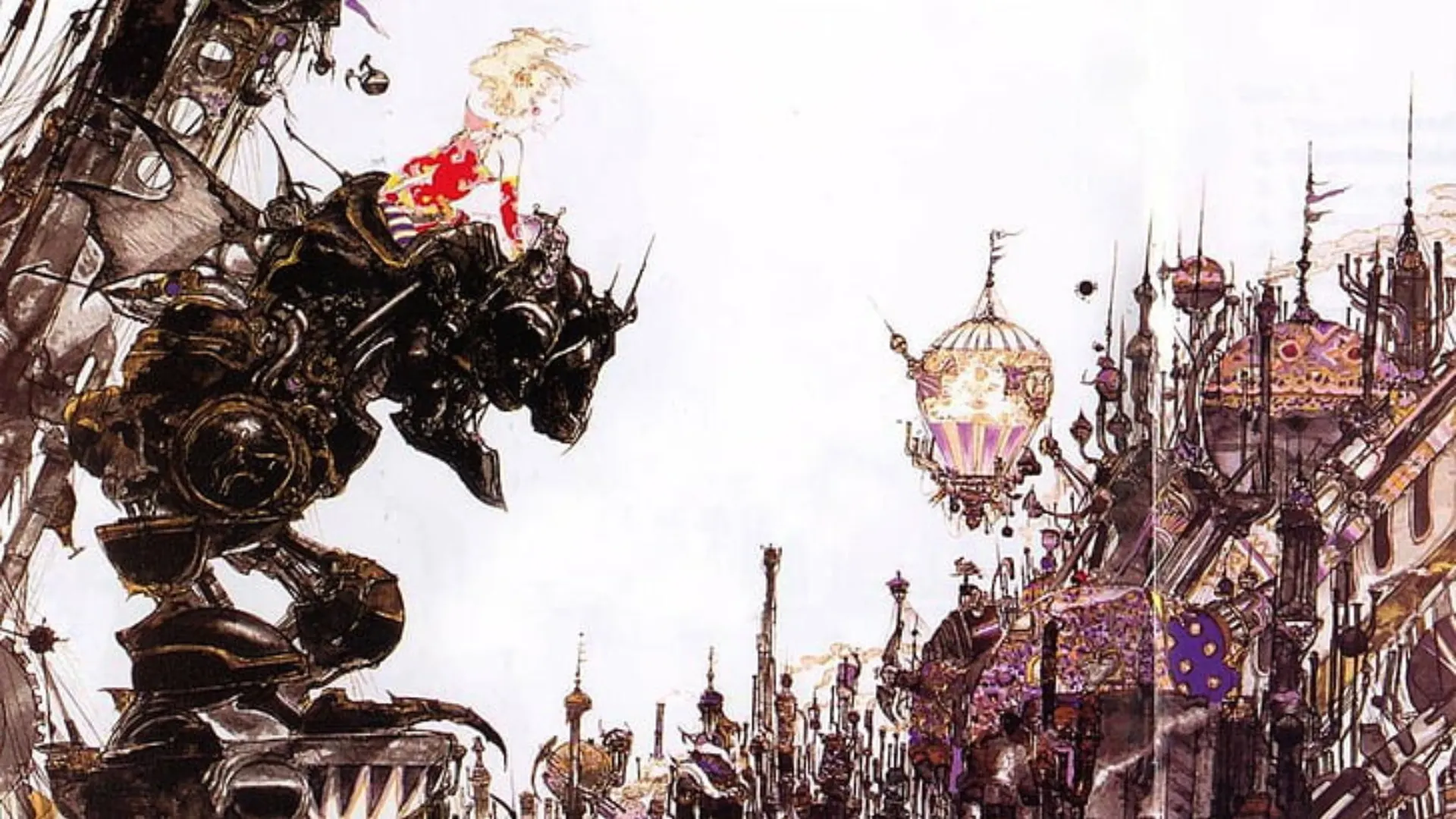 Final Fantasy VI concept artwork featuring a Magitek Armor machine and fantasy city