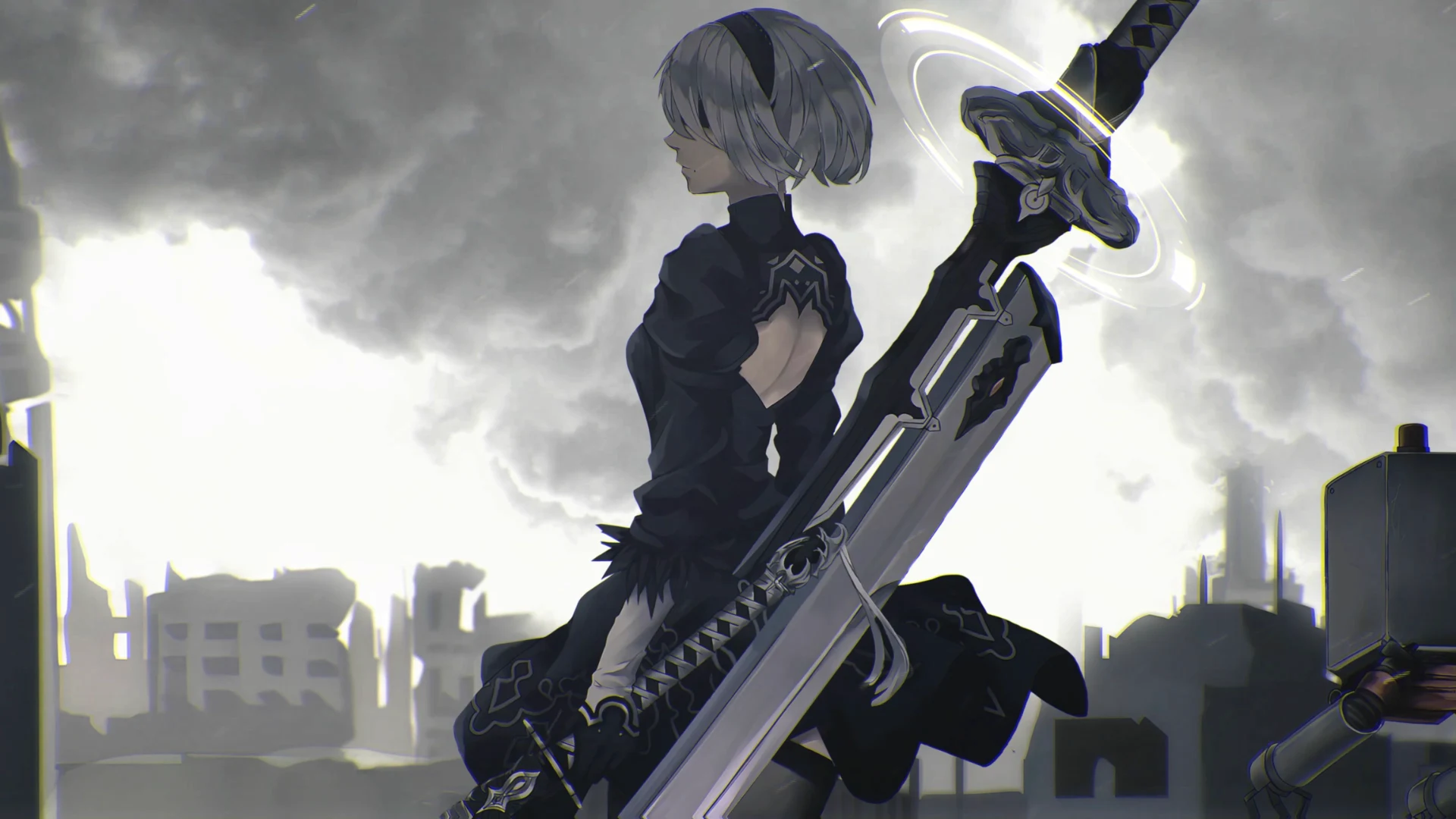 2B holding a large sword against a ruined city backdrop in NieR Automata