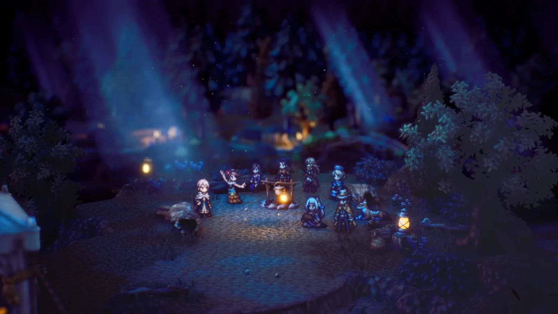 Octopath Traveler II travelers gathered around a campfire at night