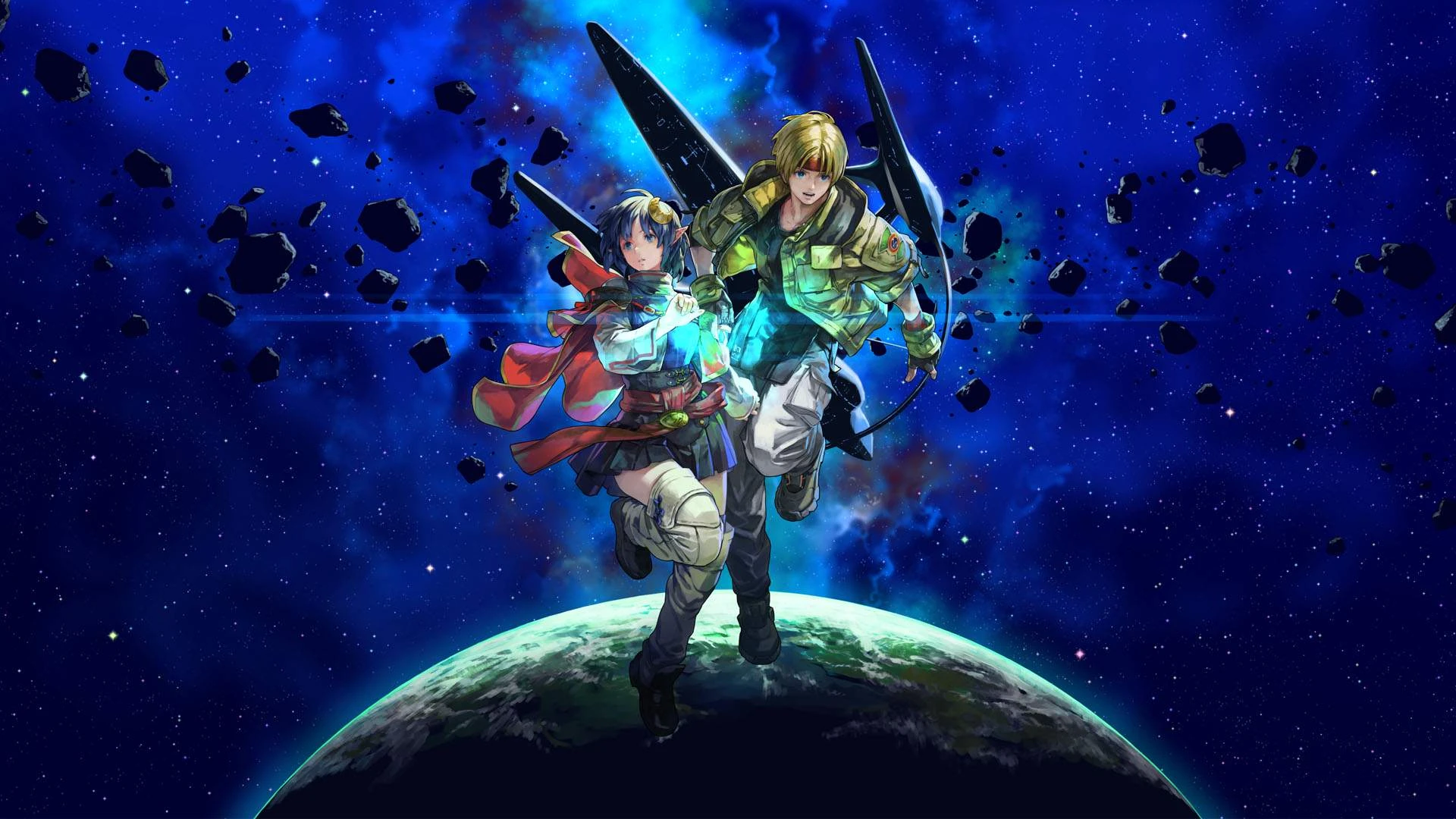 Claude and Rena floating above a planet in Star Ocean The Second Story R artwork