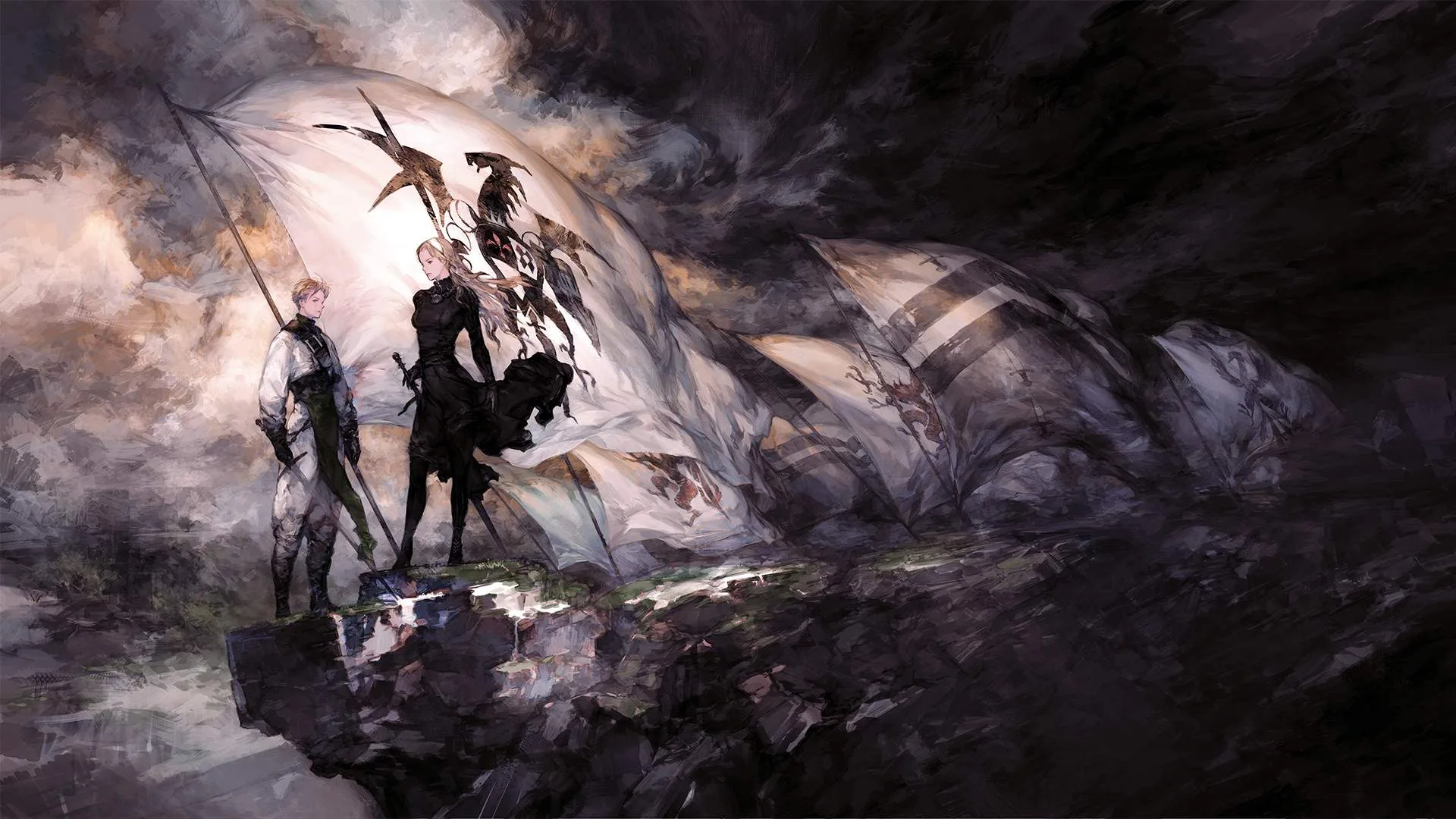 Tactics Ogre Reborn characters standing beneath battle standards in dramatic artwork