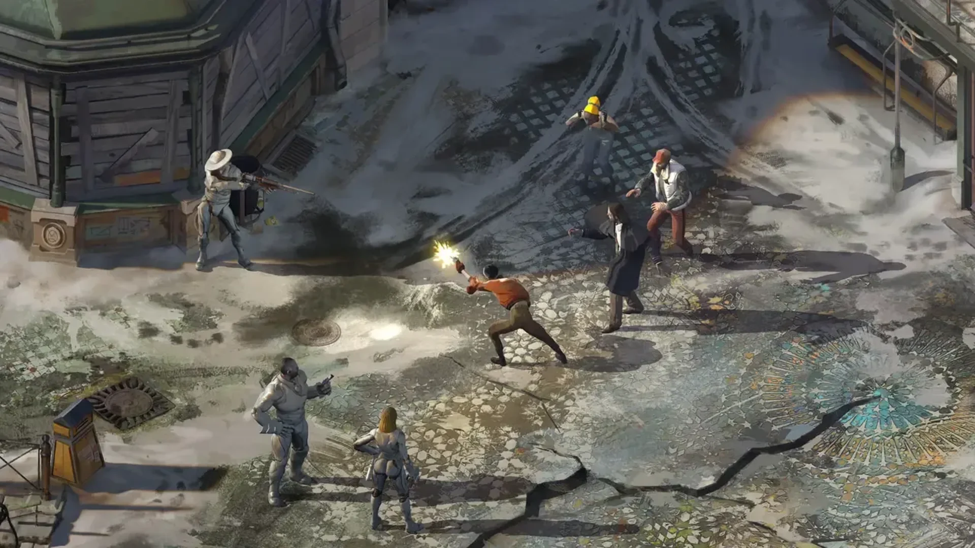 Disco Elysium The Final Cut characters confronting an armed figure on a damaged city street.