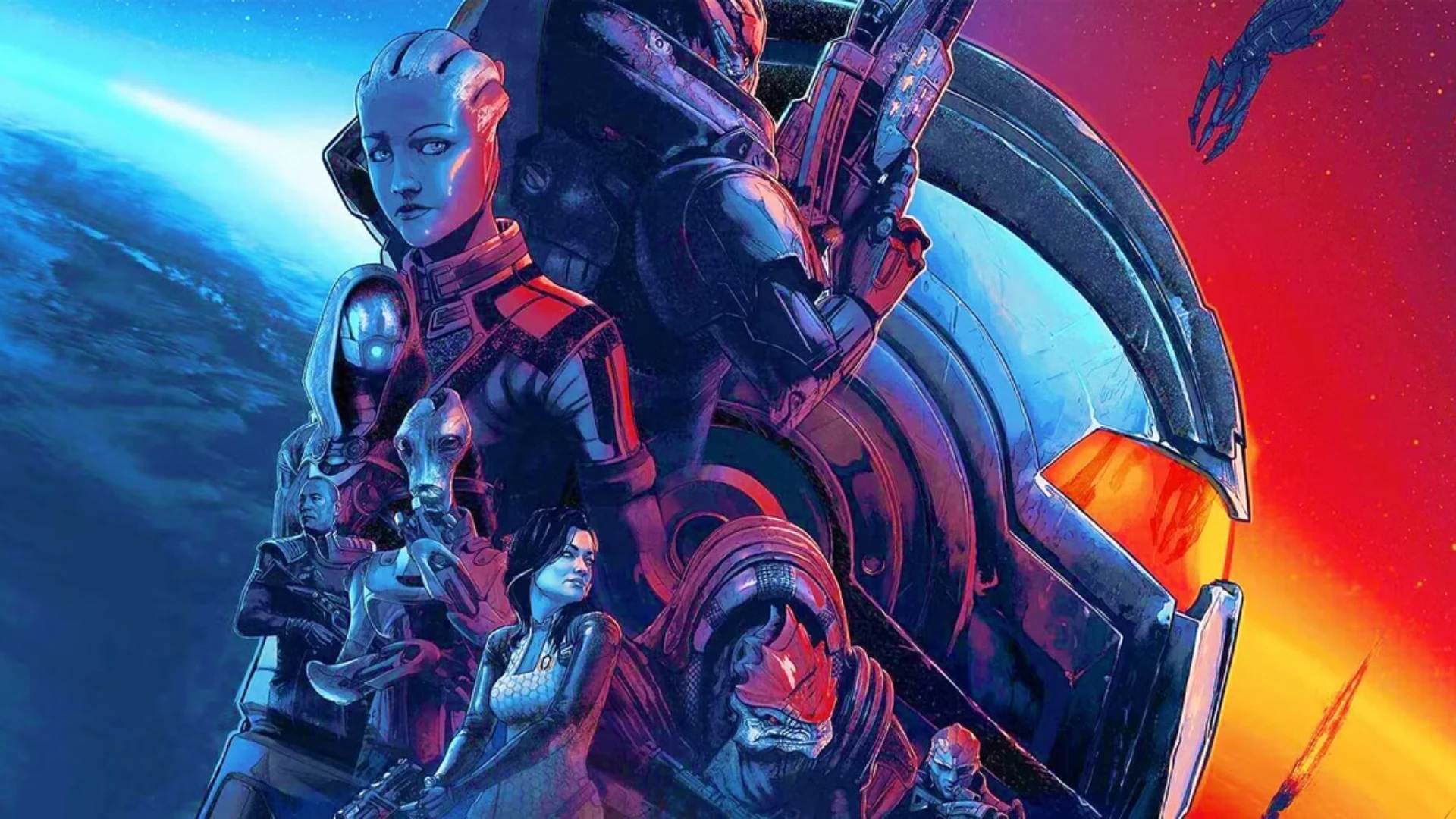 Mass Effect Legendary Edition artwork featuring Commander Shepard and several squad members.
