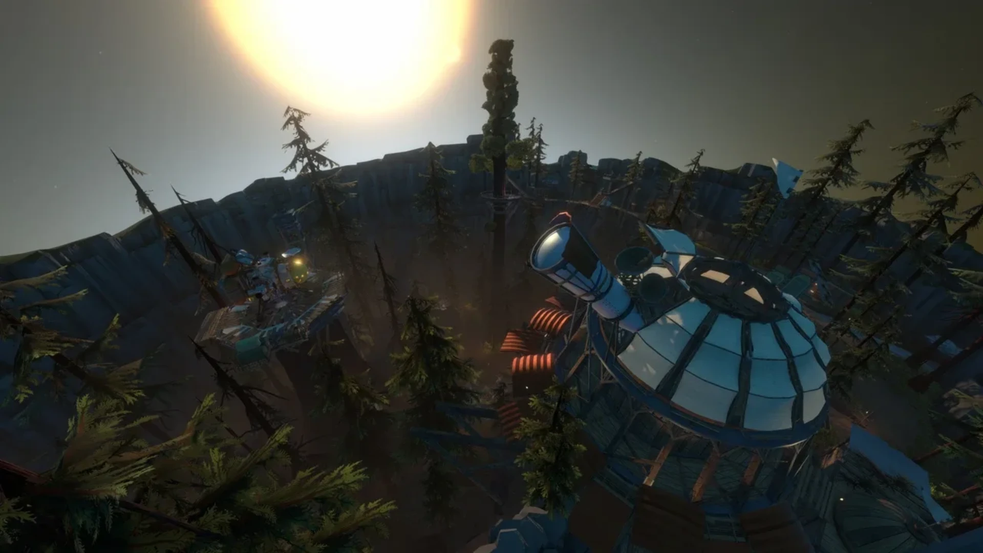 Outer Wilds settlement and observatory inside a rocky landscape beneath a bright sun.