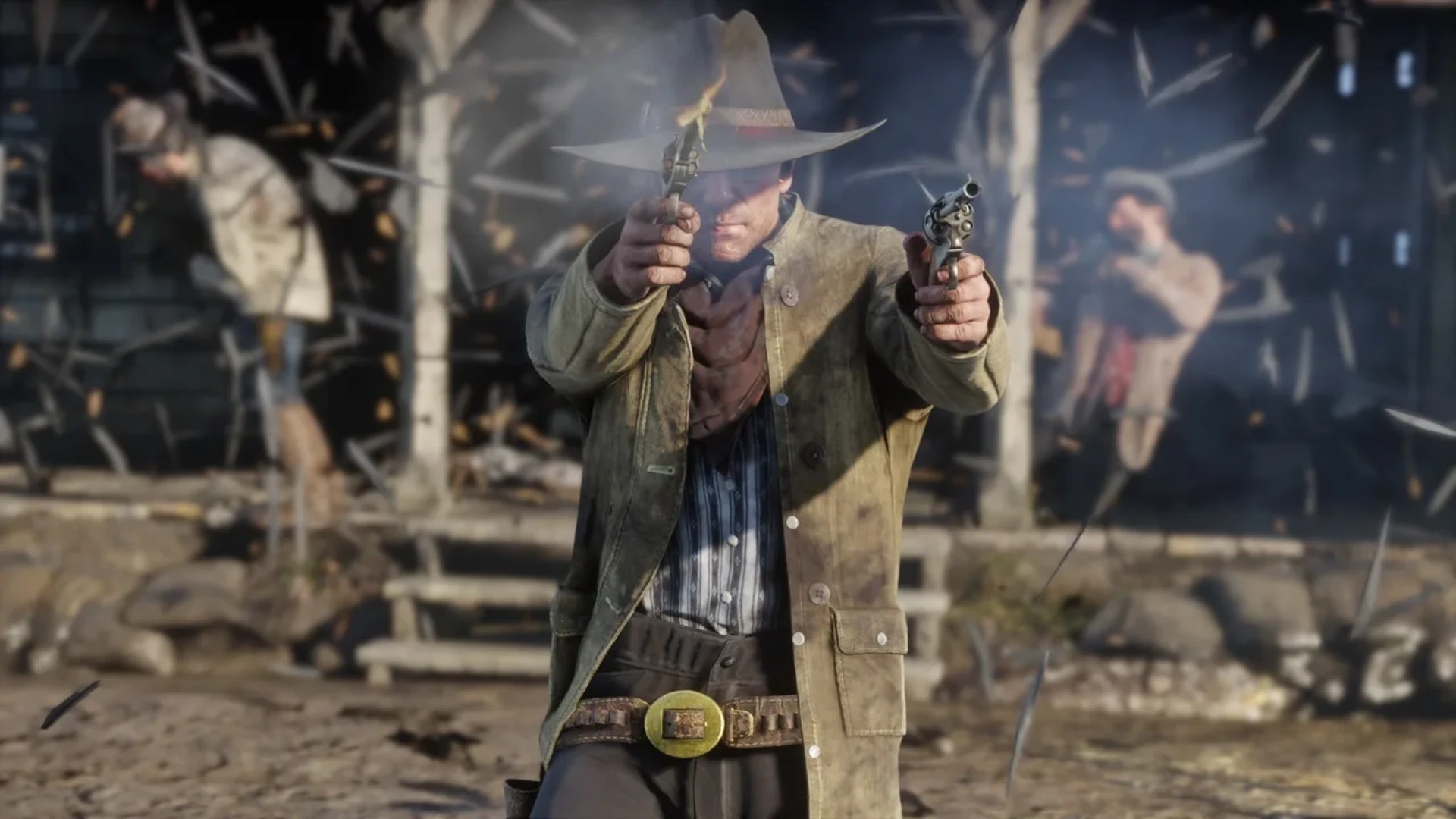 Arthur Morgan fires two revolvers during a gunfight in Red Dead Redemption 2.