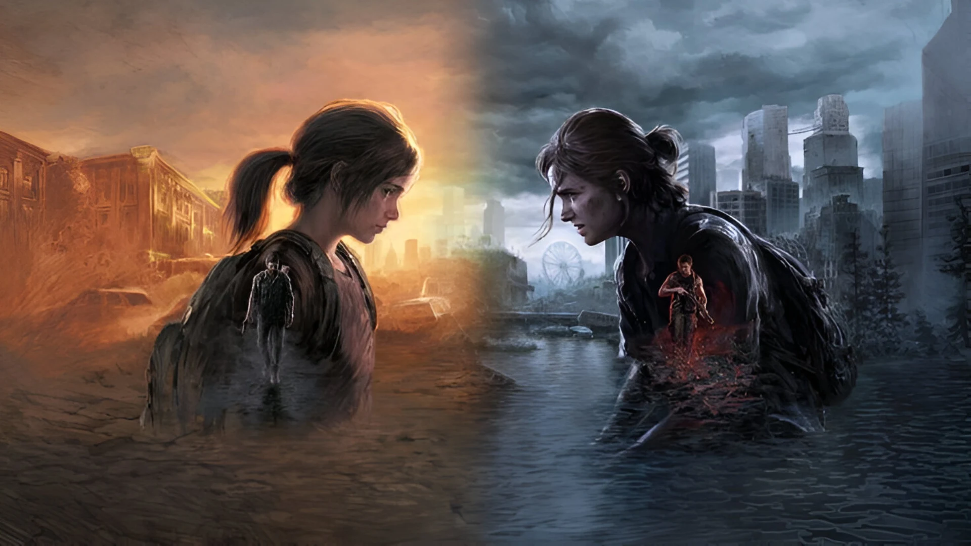 Ellie shown in contrasting ruined landscapes representing different stages of The Last of Us story.