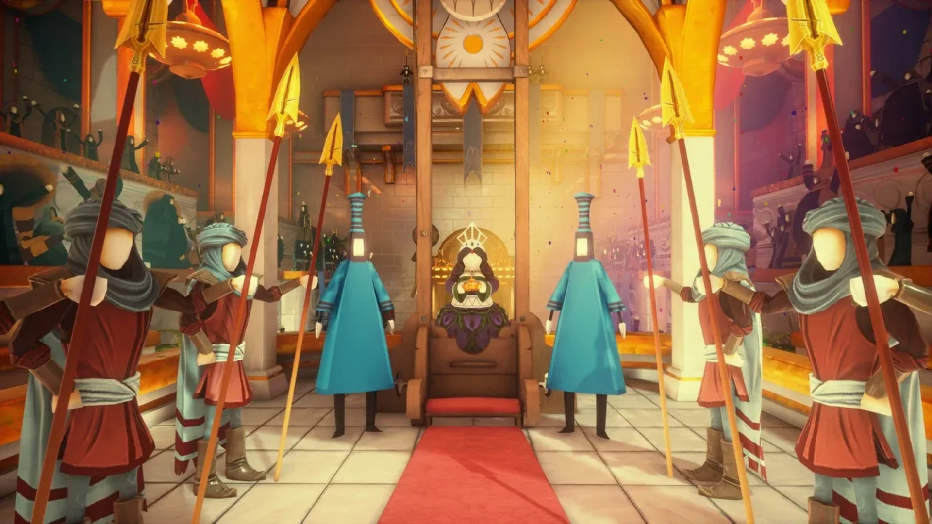 Stylized palace scene with guards surrounding a seated figure in What Remains of Edith Finch.