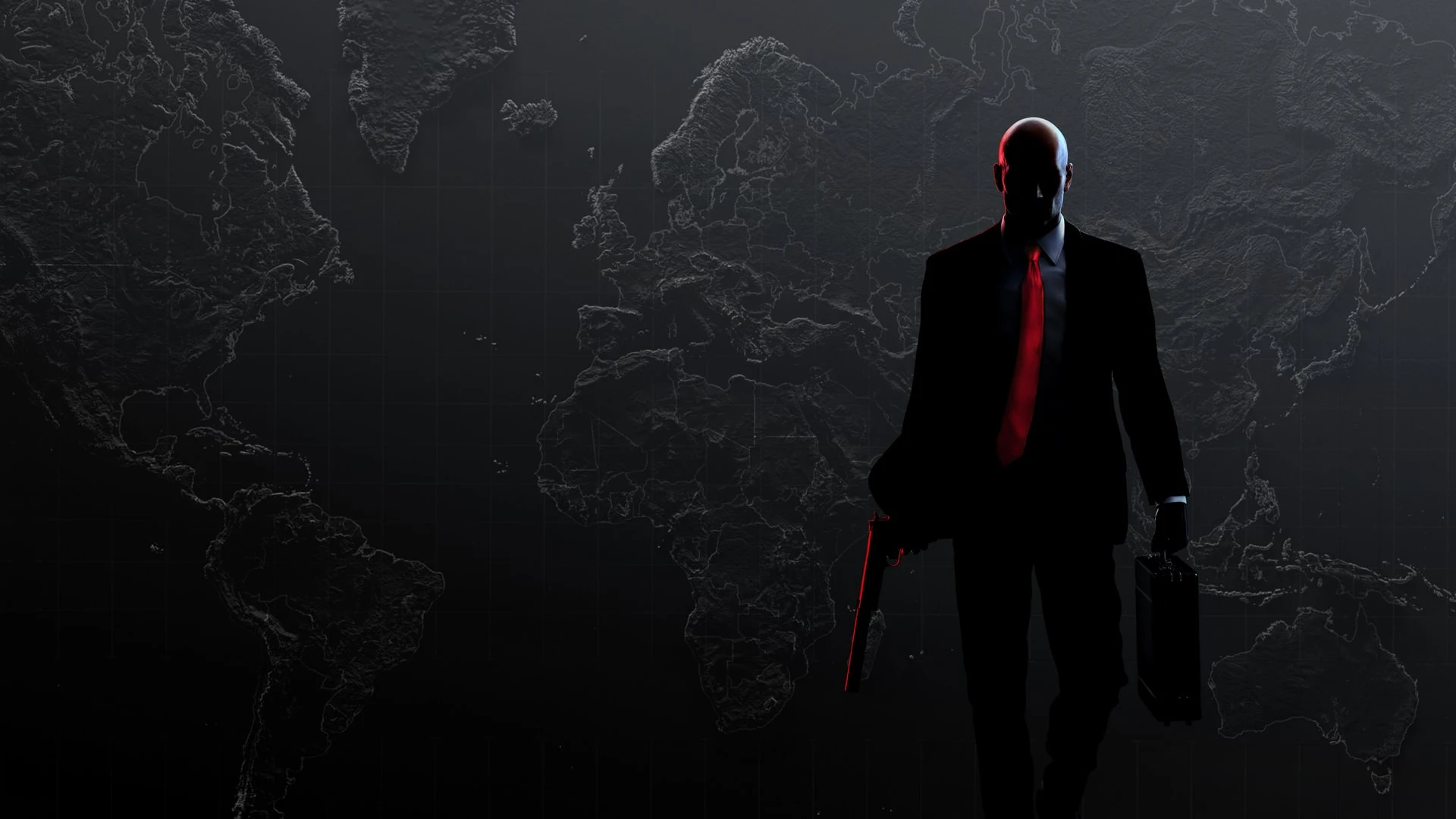 Agent 47 stands with a pistol and briefcase in front of a dark world map.