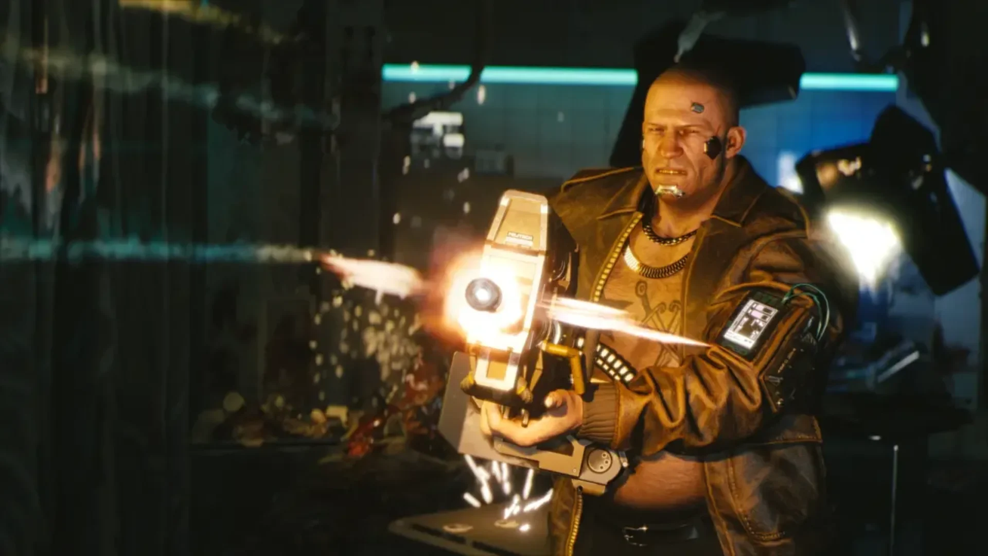An armed man with cybernetic implants fires a heavy weapon during a firefight in Cyberpunk 2077.