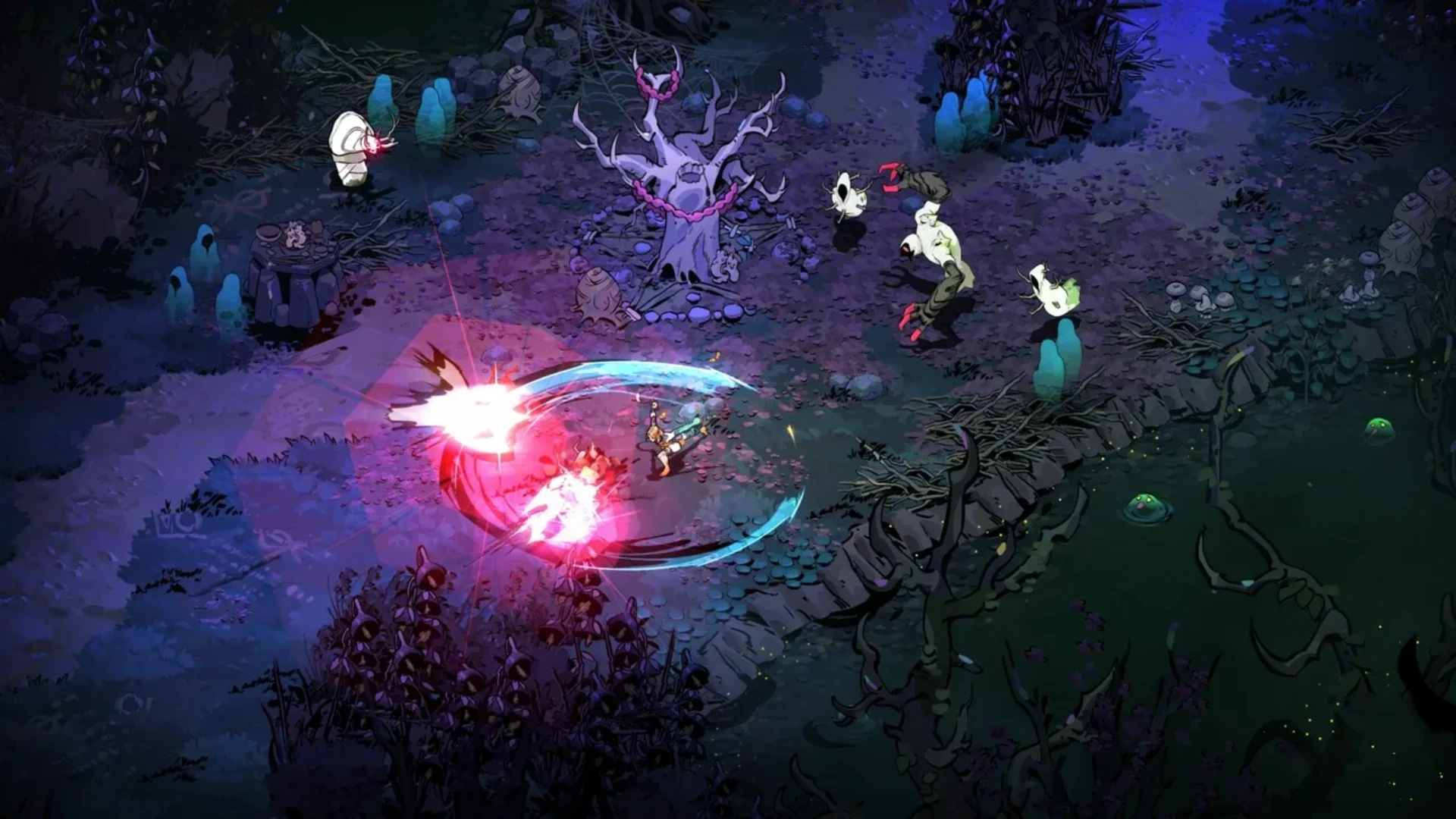 Melinoë attacks enemies with bright magical effects in a dark woodland area in Hades II.