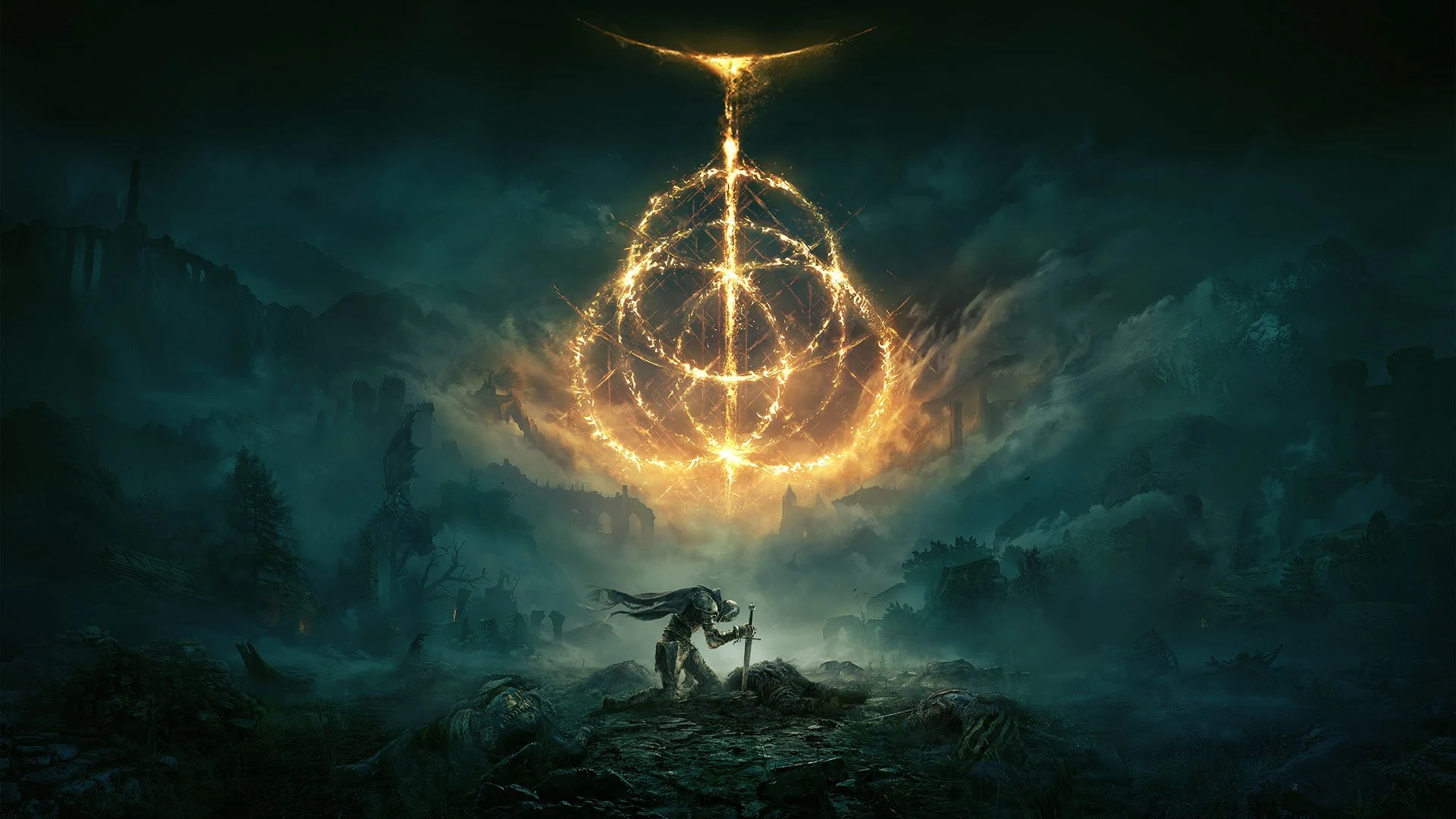 A lone Tarnished kneels with a sword beneath the glowing Elden Ring symbol in a ruined landscape.