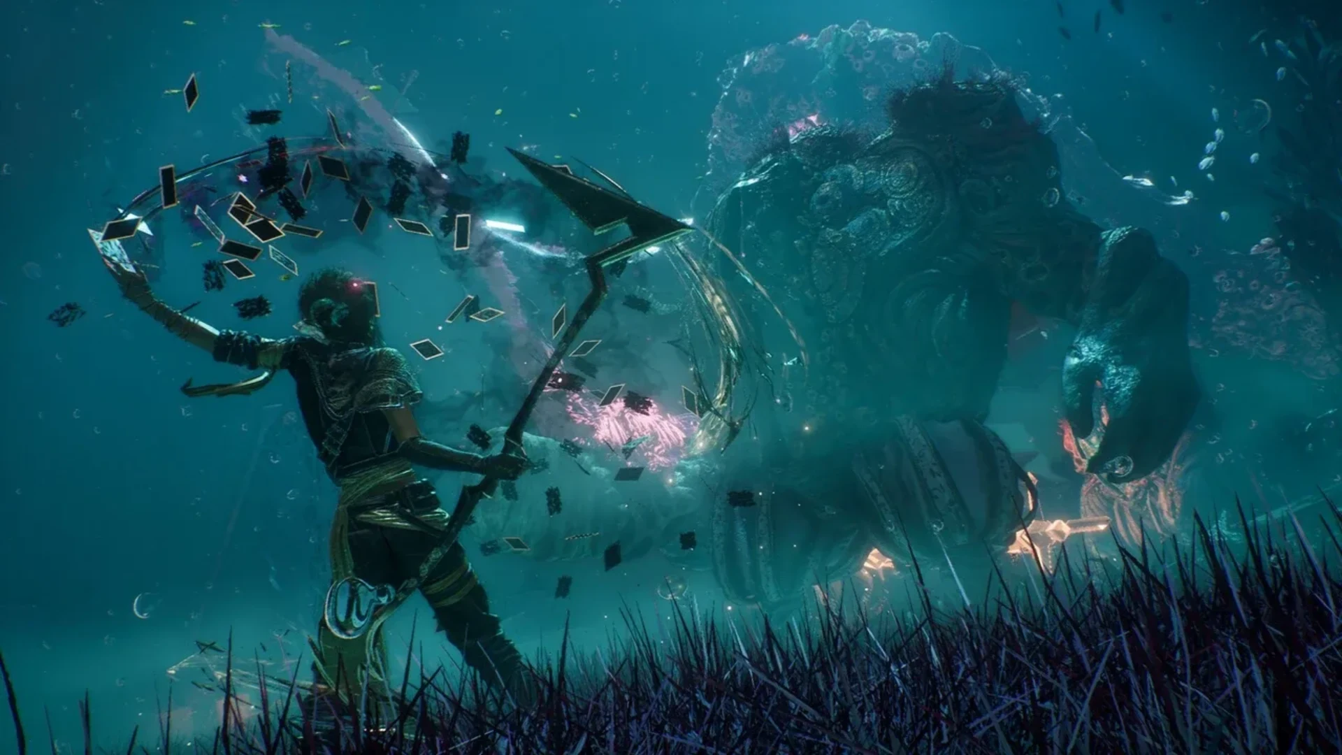 An Expeditioner fights a massive underwater creature with a bow in Clair Obscur: Expedition 33