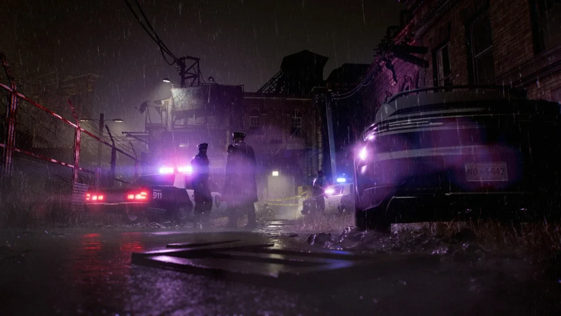 Police officers investigate a rain-soaked urban crime scene illuminated by patrol car lights in Resident Evil Requiem.
