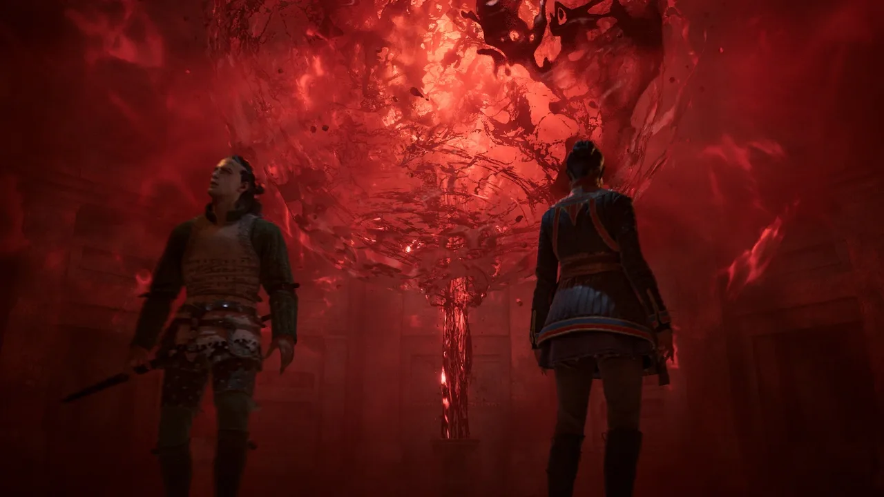A pale vampire bares its sharp teeth in the darkness in The Blood of Dawnwalker.